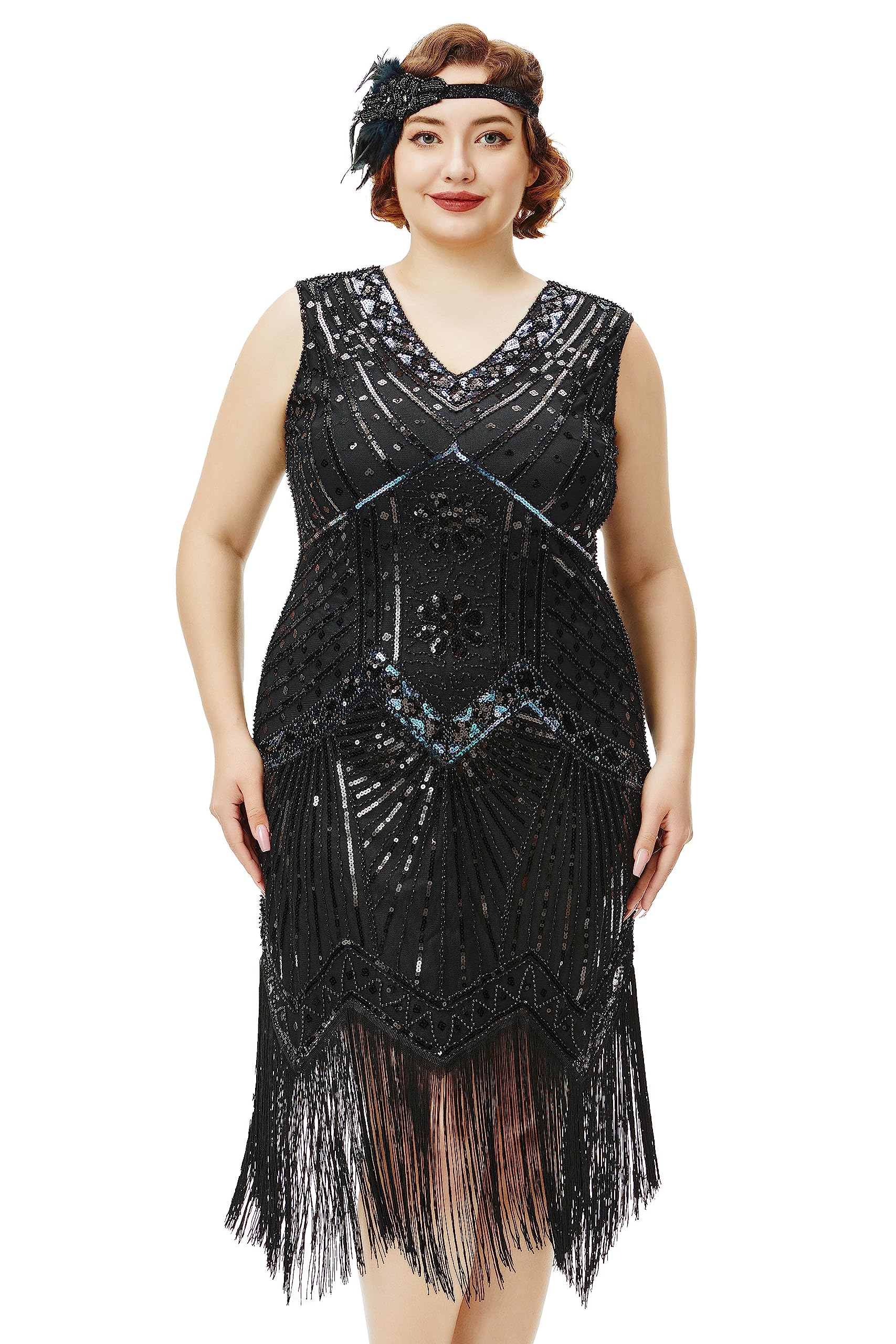 Babeyondwomens Plus Size Flapper Dresses 1920s V Neck Beaded