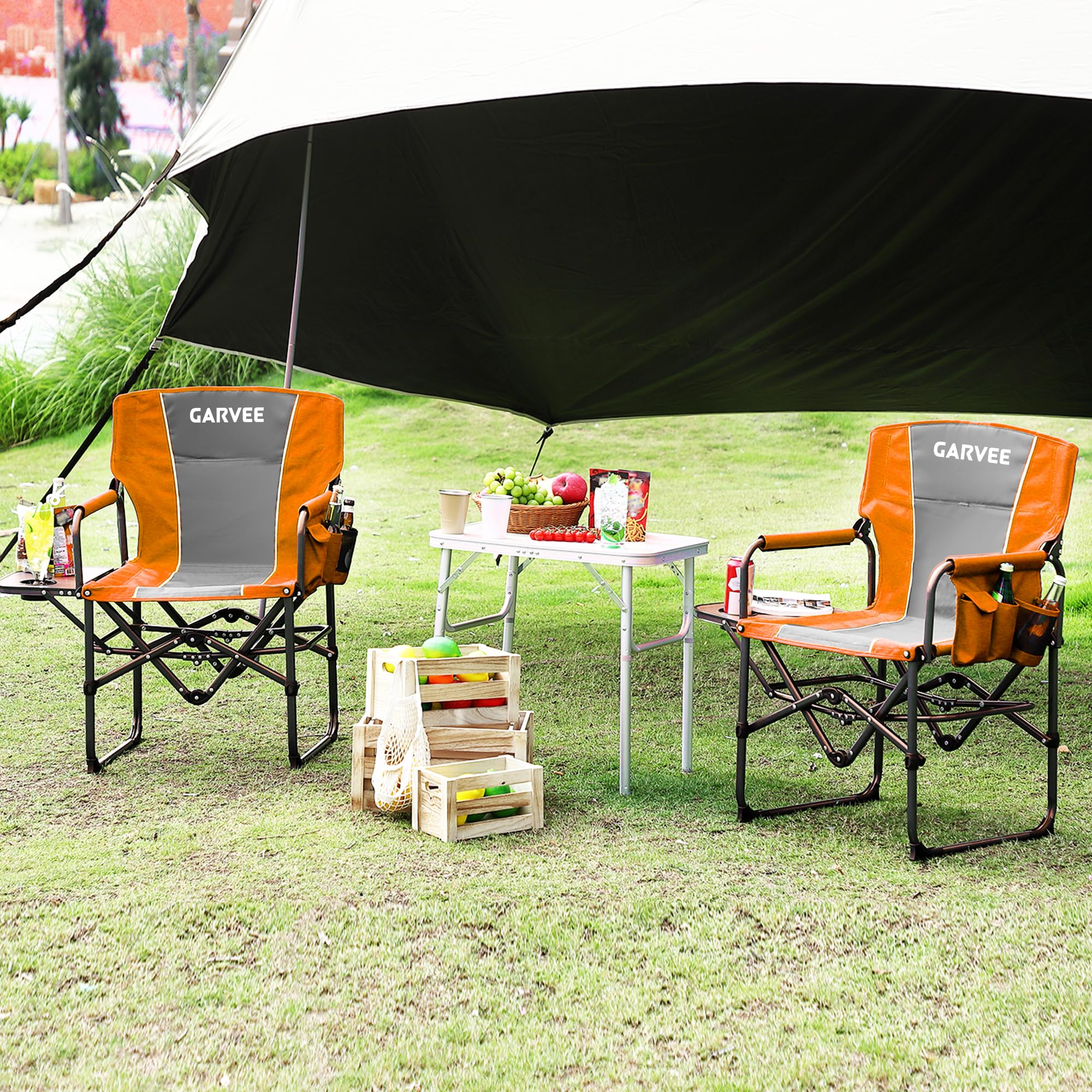 GarveeHome Sedia Regista Da Campeggio Pieghevole Per Adulti - Portatile e Robusta Fino a 180 kg Con Tavolino Laterale, Tasca Portaoggetti Portabicchieri Ideale Esterni, Spiaggia, Pesca, Picnic