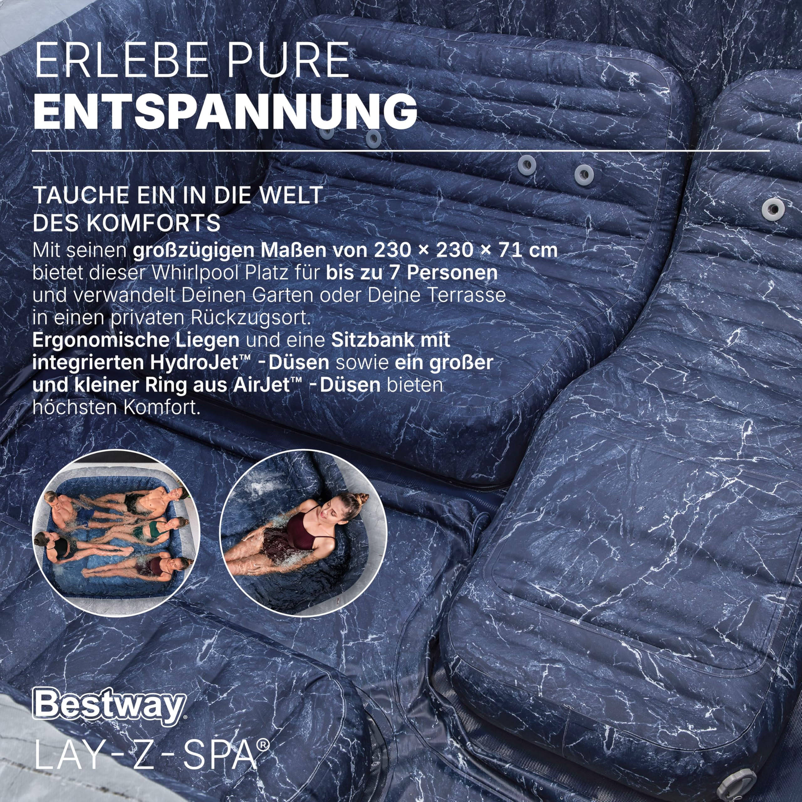 Bestway® Lay-Z-SPA® Energiespar-Whirlpool San Francisco HydroJet Pro™ mit App-Steuerung, für 7 Personen 230 x 230 x 71 cm, Marmor-Optik (Samtgrau)