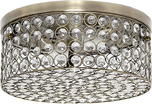 Elegant Designs FM1003-ABS Elipse Crystal 12 pulgadas moderno metal 2 luces redondo techo empotrado montaje empotrado, latón antiguo