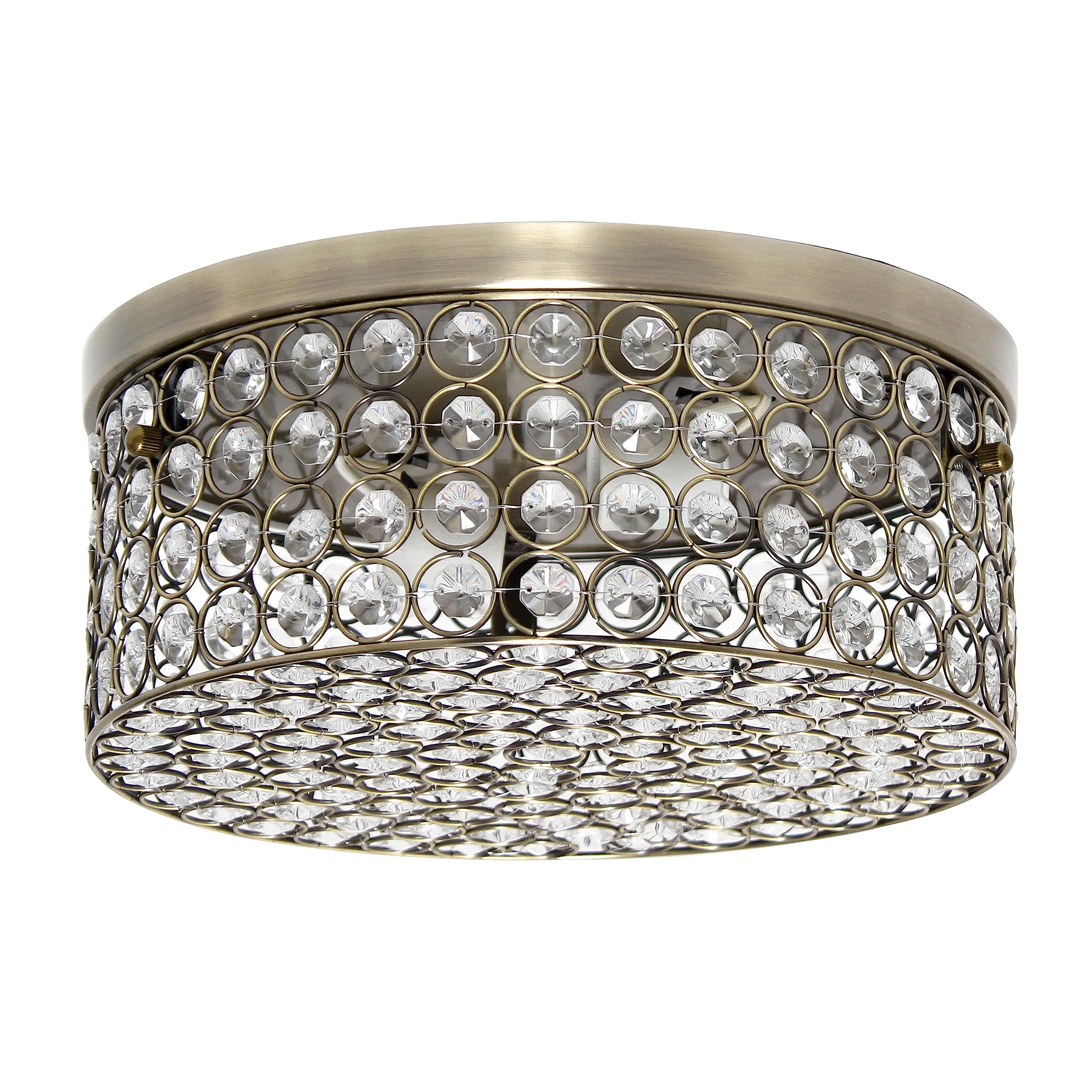 Elegant Designs FM1003-ABS Elipse Crystal 12 Inch Modern Metal 2 Light Round Ceiling Flush Mount Fixture, Antique Brass