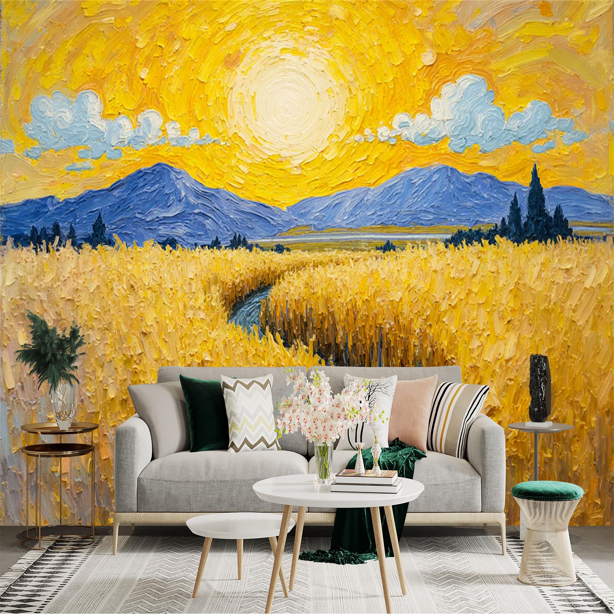 Lnzczhyre Xc260505630 Custom Size Wall Sticker Mural， Golden Wheat Field， Vibrant Sunset Landscape， Impasto Oil Painting Style， For Wall Decoration， Peelandstick Wall Decals.