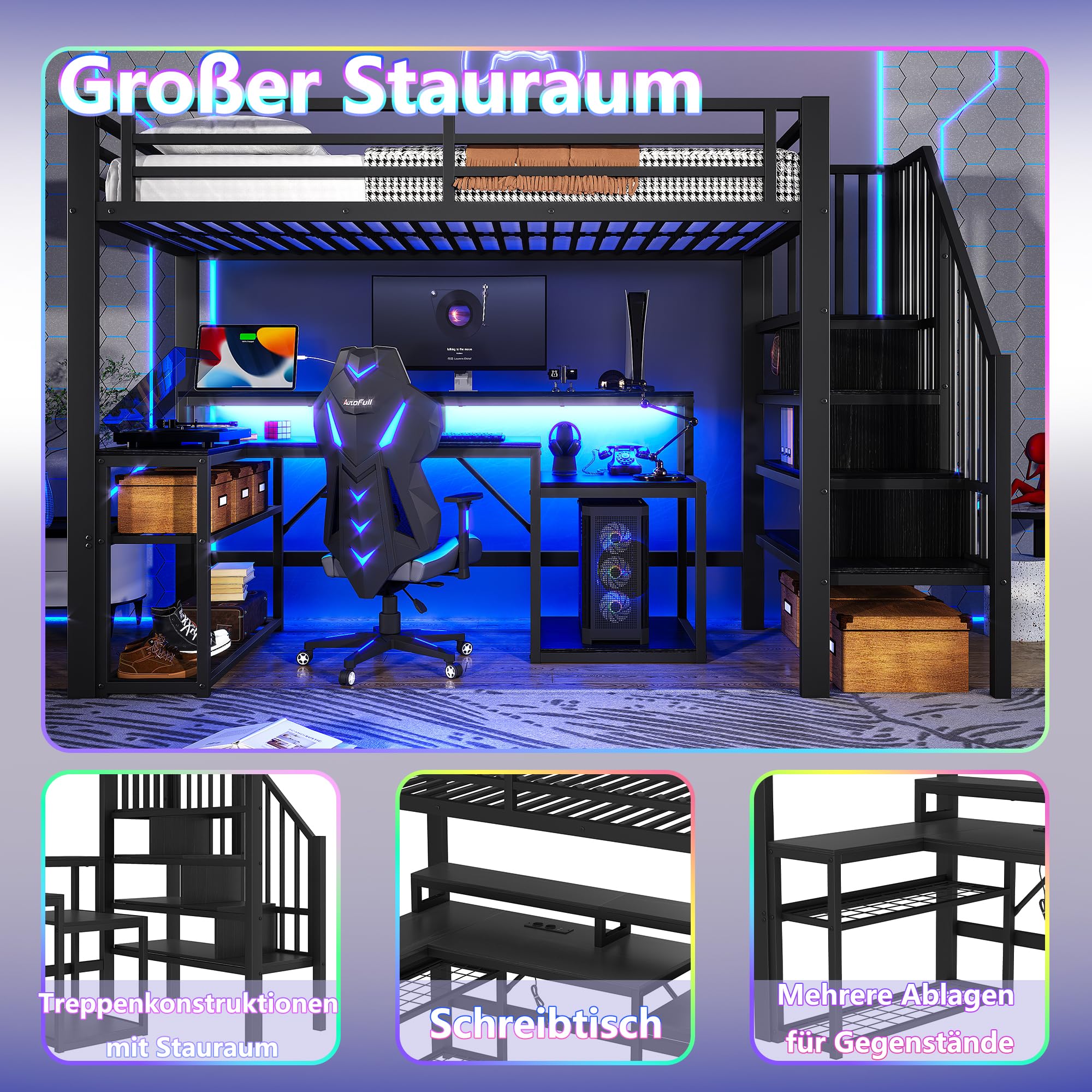 Lubvtti Letto a soppalco in ferro 90 x 200 con luminosa a LED,scrivania,porta USB,vano contenitore,scala con spazio contenitore,letto a castello per bambini,struttura letto per bambini,Nero