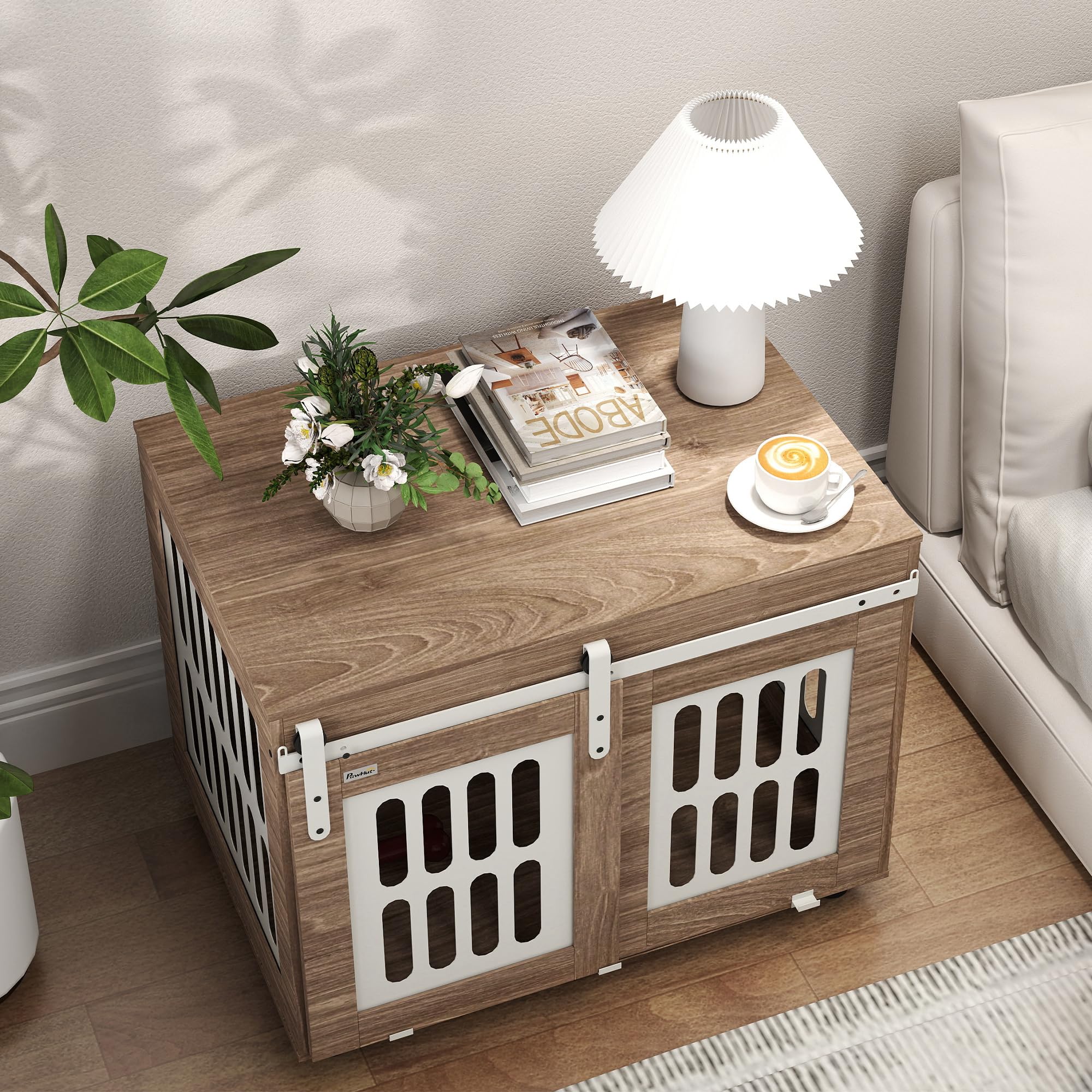PawHut Jaula para Perros con Puerta corredera, caseta para Perros de tamaño Mediano, Buena ventilación, Mesa Lateral con Patas Ajustables, 80 x 59 x 63 cm, Nogal