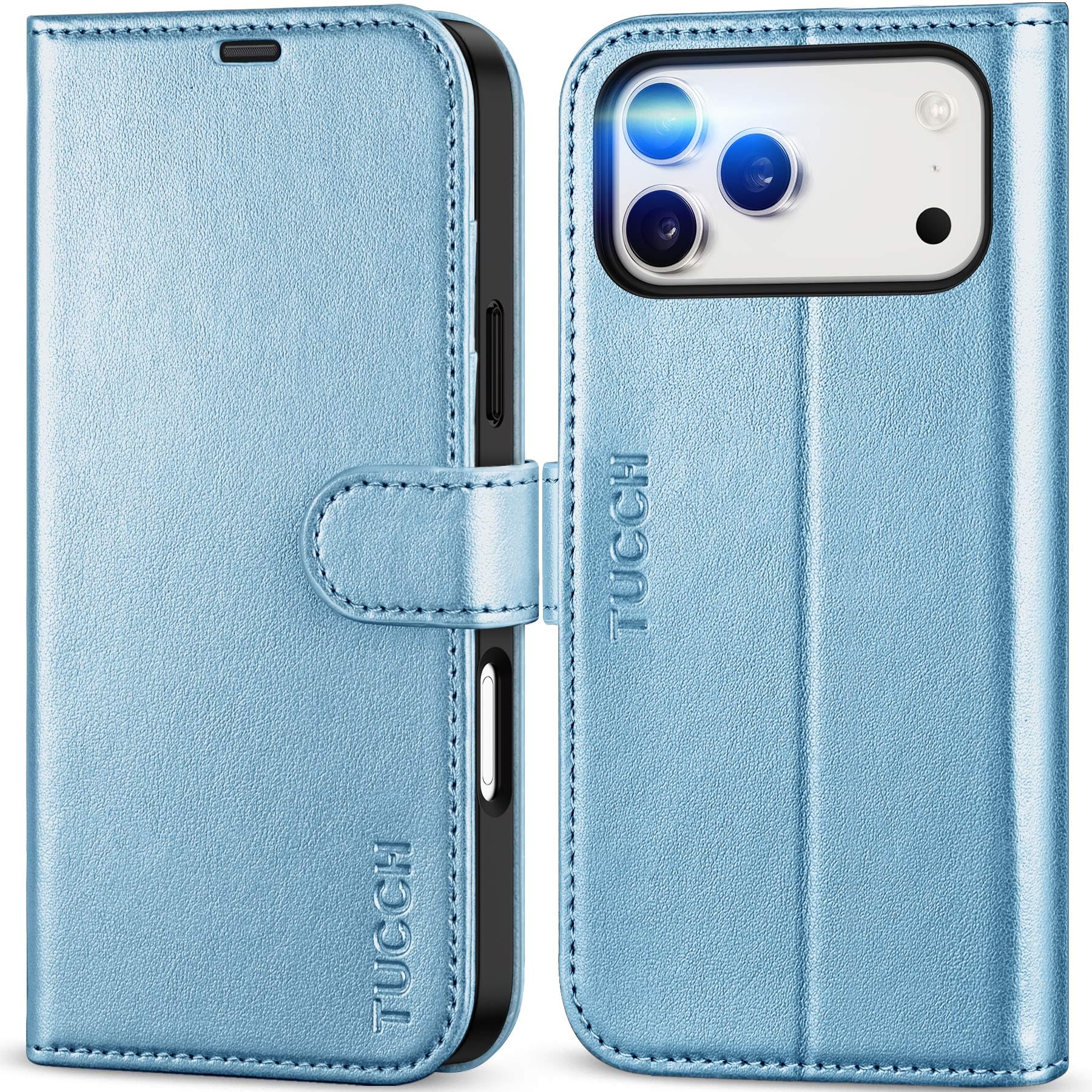 TUCCH Wallet Case for iPhone 18 Pro Max/17 Pro Max, Flip Stand, Pearly Blue