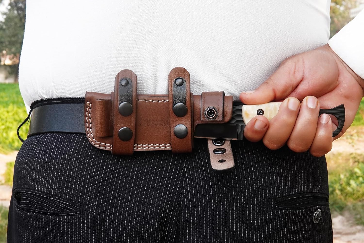 Ottoza Small Seax Tactical Knife with Fixed Blade - Durable EDC Outdoor Knife with Leather Sheath, Horizontal Carry - Bone Handle 385