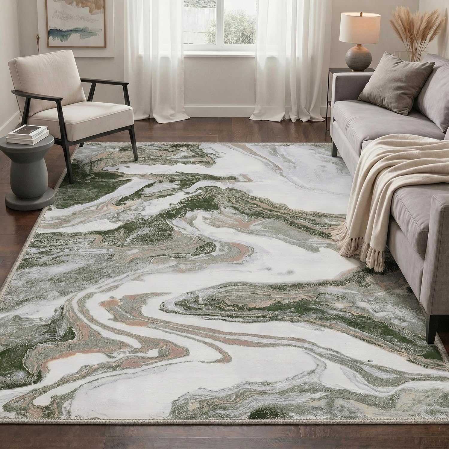 BESBLEE 5x7 Area Abstract Rug Liquid Marble Print Pattern, Non Slip Backing Low Pile Washable Rug for Living Room Bedroom Dining Room, Dusty Green