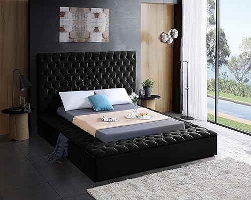 Miniatura 2 de Colección moderna Meridian Furniture Bliss, cama tapizada de terciopelo contemporánea con acolchonamiento de botón profundo y compartimentos de