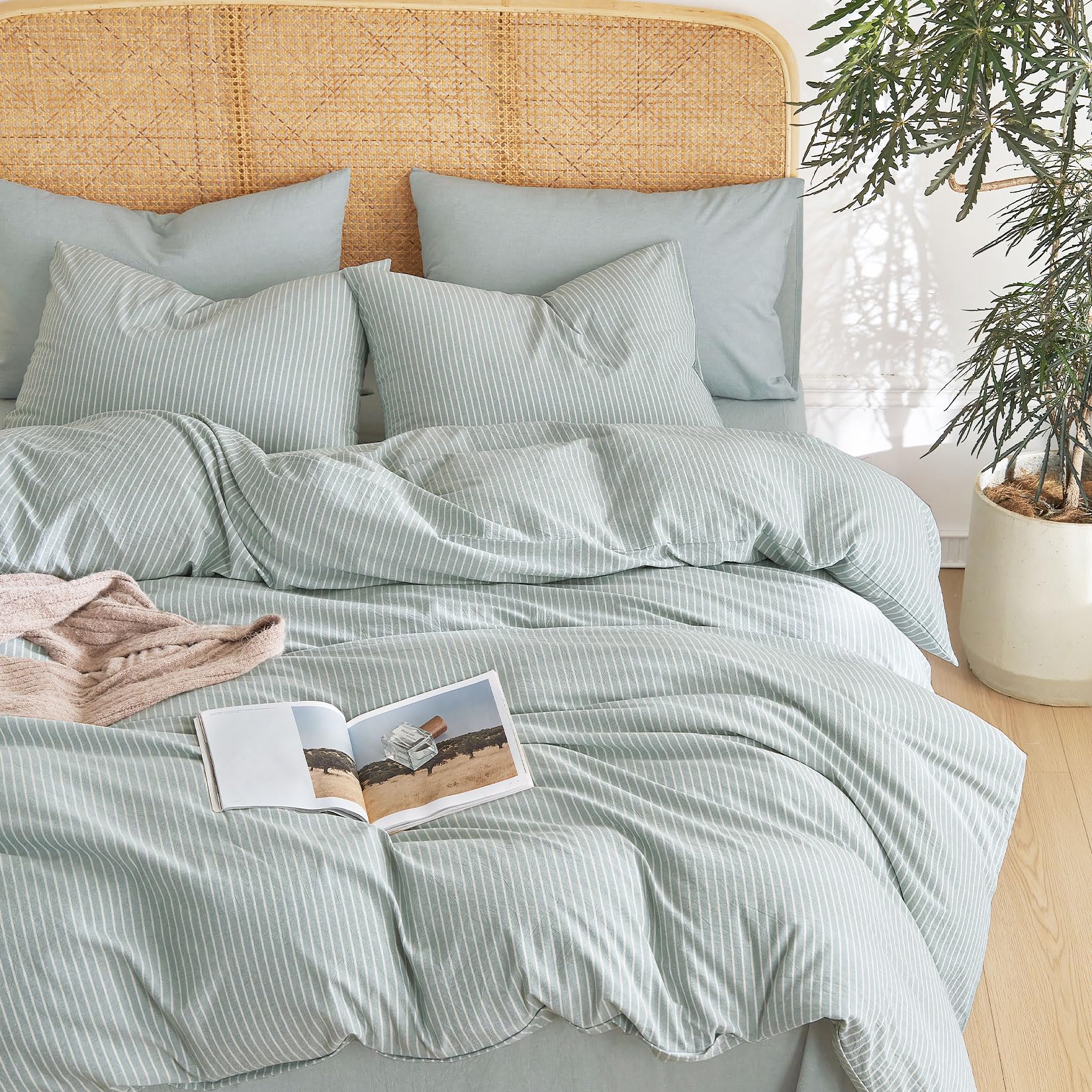 Wake In Cloud - Striped Cotton Duvet Cover Set, 100% Washed Cotton Textured Percale Bedding Set, Ticking Stripe Pinstripe Farmhouse, 3 Pieces, Greyish