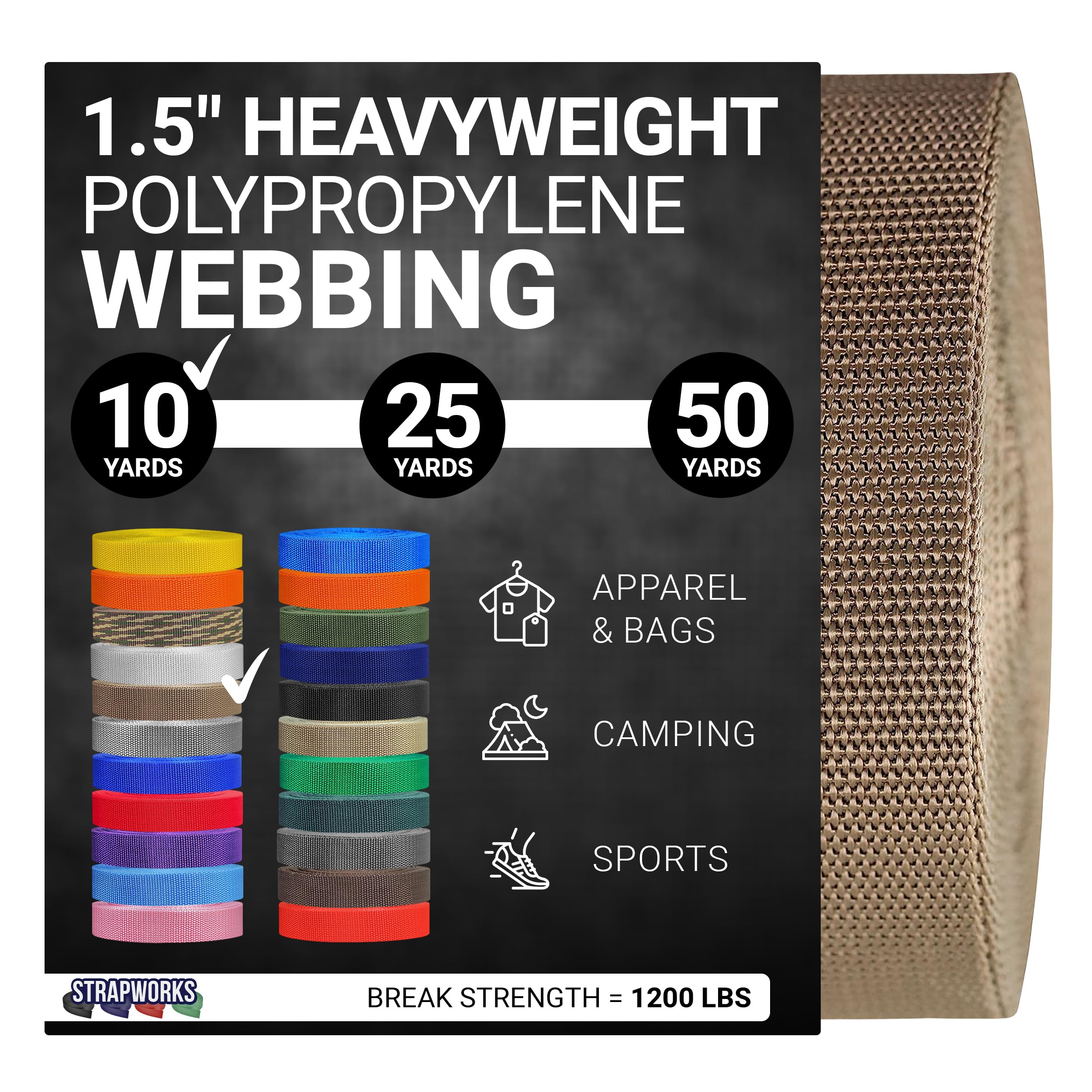 Strapworks Heavyweight Polypropylene Webbing - Heavy Duty Poly Strapping for Outdoor DIY Gear Repair, 1.5 Inch x 10 Yards, Tan