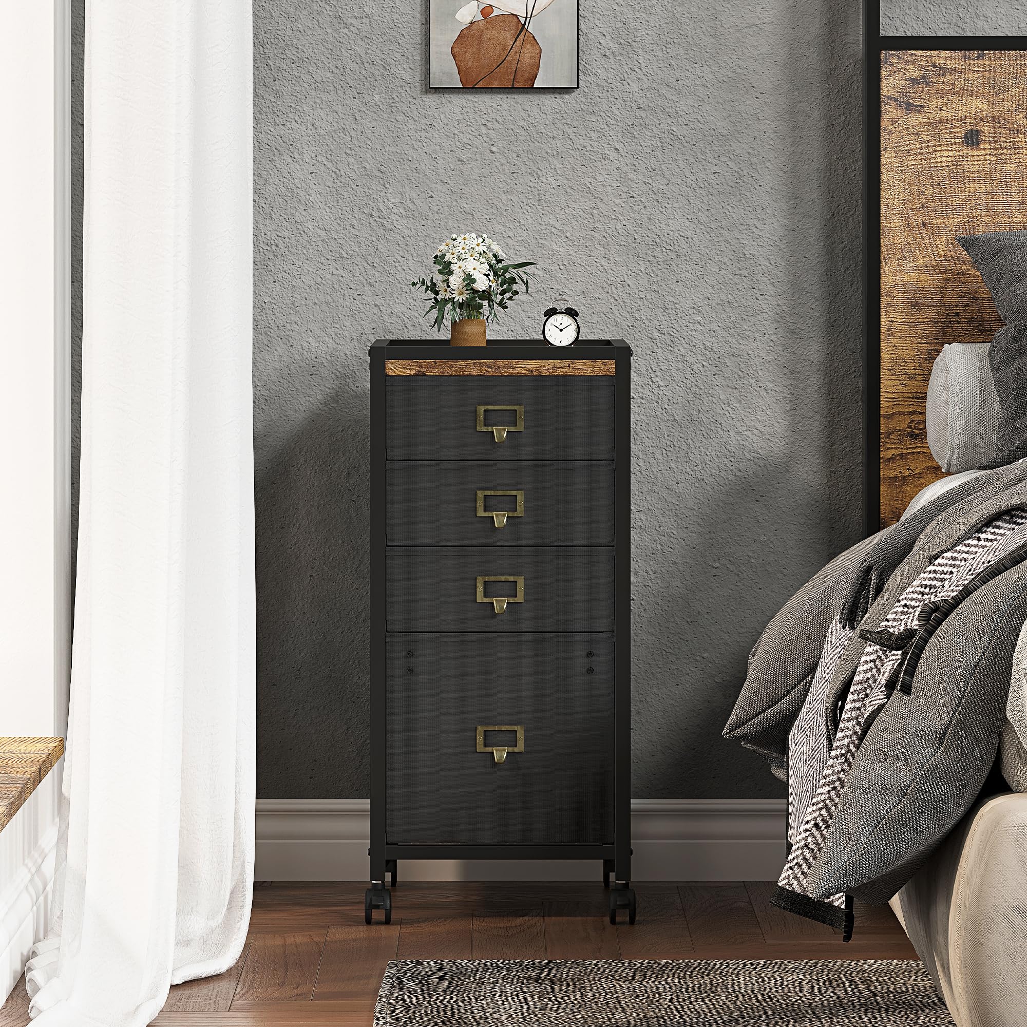 Garvee Cajonera Escritorio y Cajonera Oficina, Diseño contenedor con ruedas con 4 cajones Compacto y Funcional, para Oficina en Casa, Color Negro,30×38×67 cm