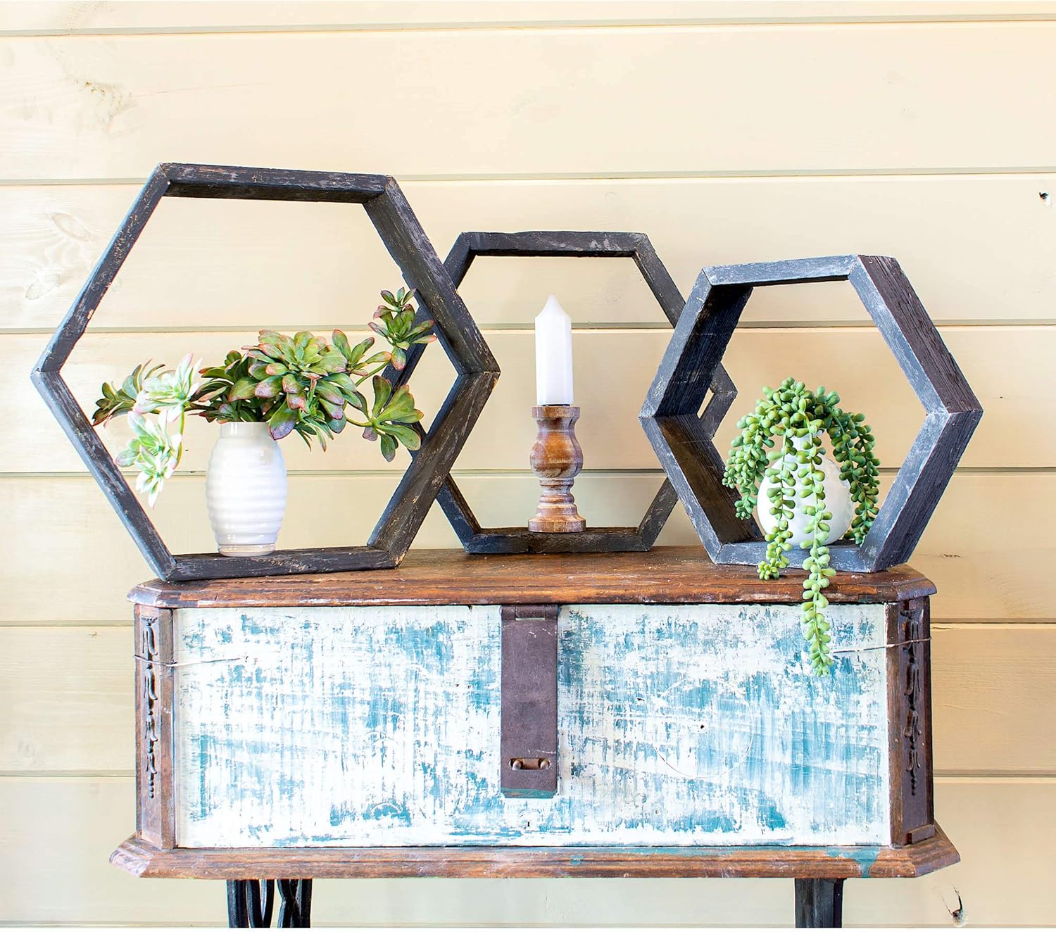 BARNWOODUSA Hexagon Floating Shelves Set of 3 Rustic Farmhouse Reclaimed Wood Honeycomb Shelves Wall Hanging Octagon, Smoky Black