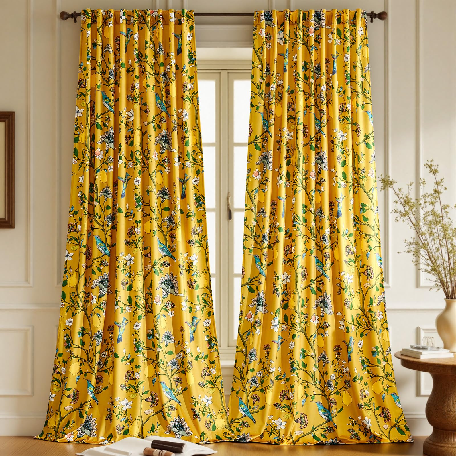GIGIZAZA 2er Set Samt Gelbe Vorhänge Blackout Blumen 132x285cm Blätter Vogel Muste Vintage Vorhang，Verdunkelung Hitzeschutz Schiebevorhänge Für Schlafzimmer Wohnzimmer