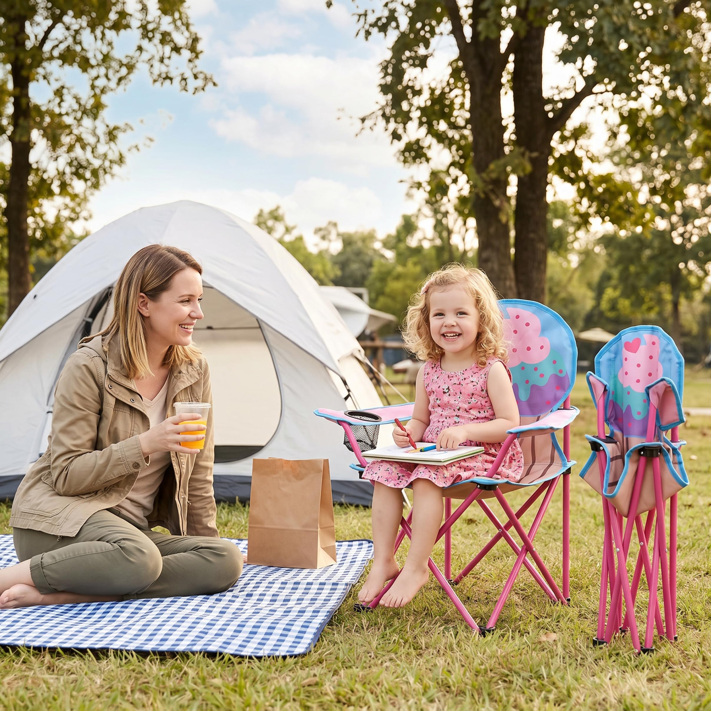 Silla de camping para niños | Silla de campamento para niños, tela Oxford 600D plegable para acampar, sillas portátiles para exteriores con patrón de helado y pastel para pequeños con portavaso
