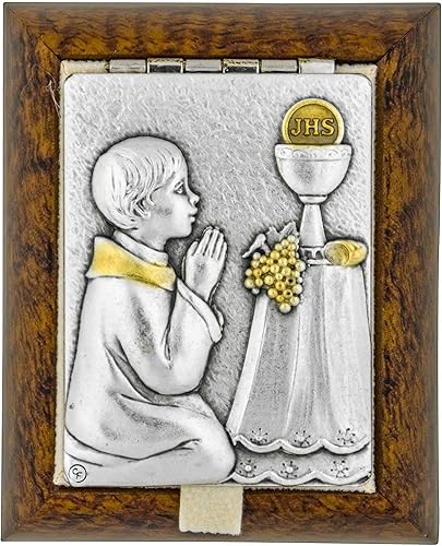 Pequeña caja decorativa de recuerdo de rosario con placa de santo (primera comunión del niño)