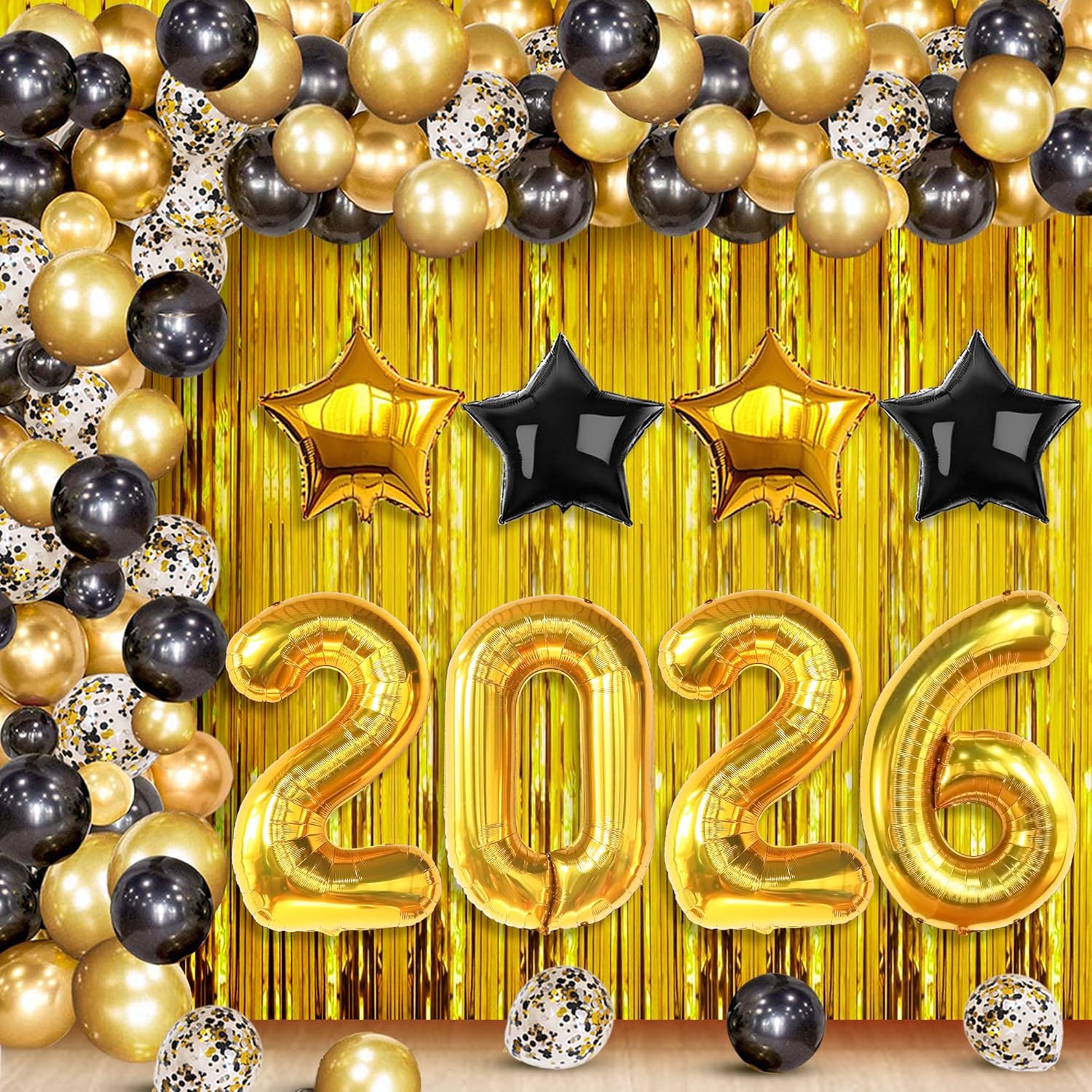 KatchOn, New Years Eve Party Supplies 2026 - Huge Set Pack of 86 | Black and Gold 2026 Balloons Arch Kit with Gold Fringe Curtain Backdrop | Happy New Years Decorations 2026, NYE Decorations 2026