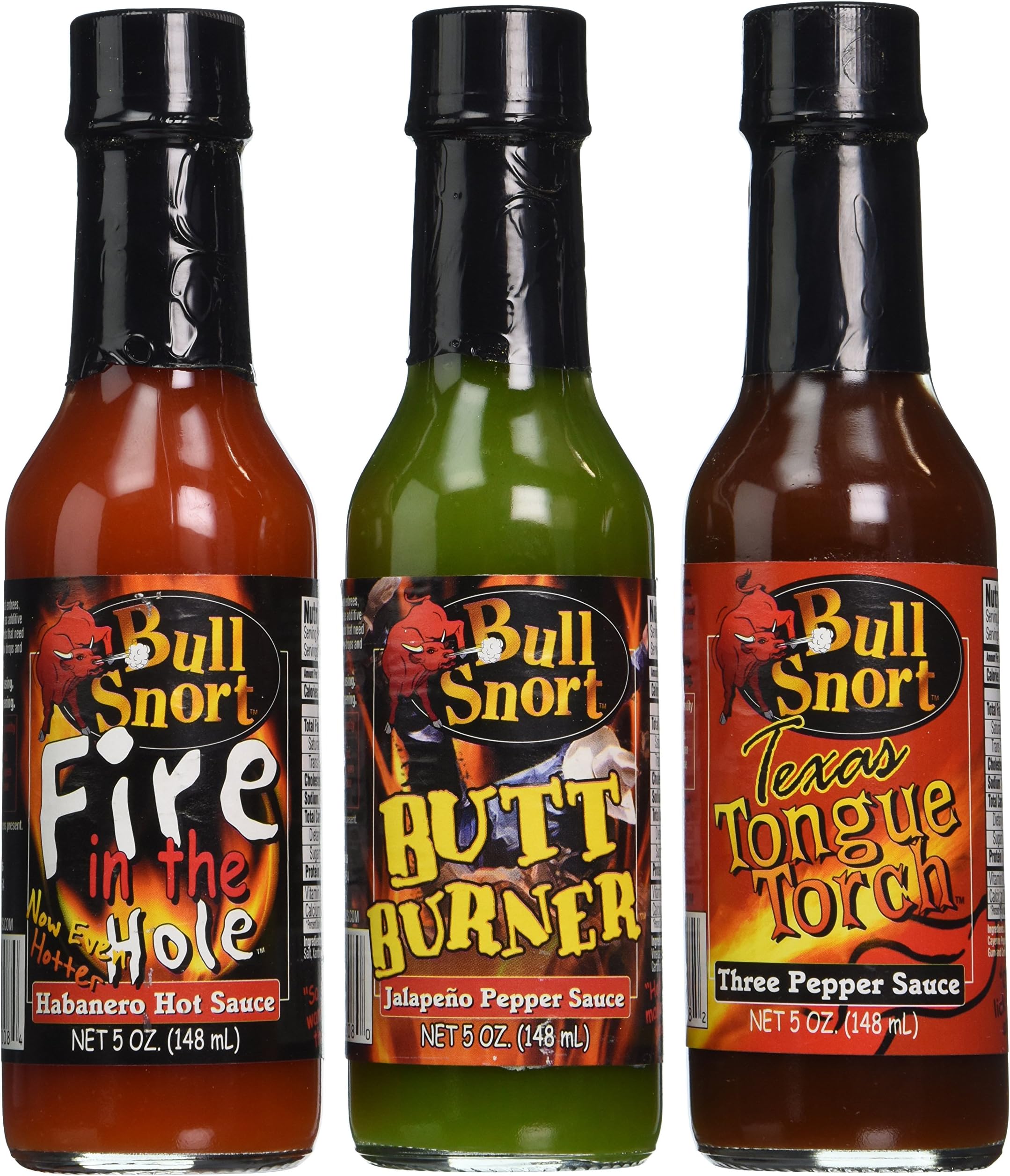 Bull Snort Triple Trouble Hot Sauce Collection, 3 Pieces Gift Set, w / Texas Tongue Torch, BUTT BURNER & Fire in the Hole! (Net Wt 15 oz, 5 oz ea)