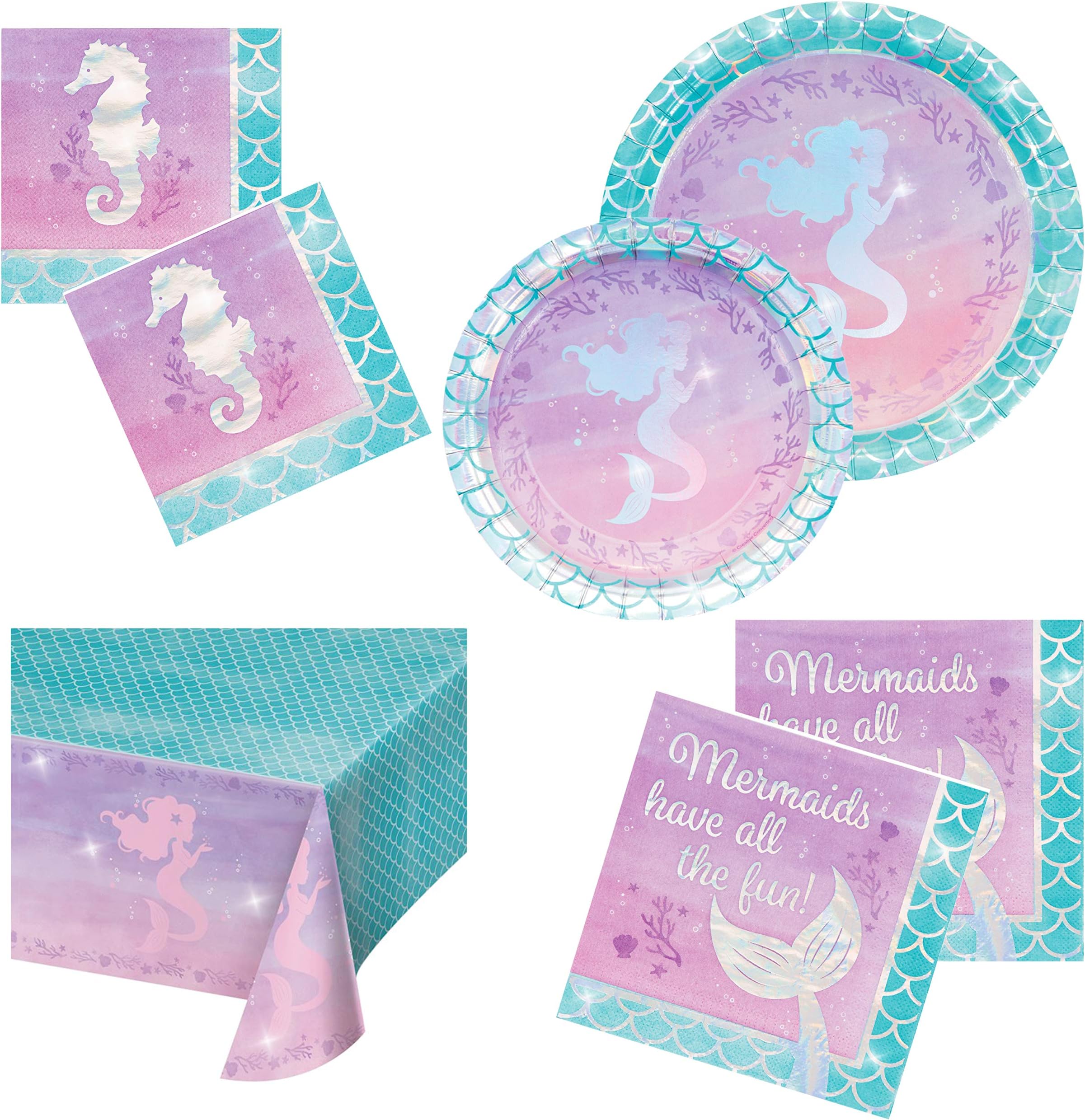 Mermaid Party Supplies | Baby Shower Decorations | Serves 16 | Disposable Paper Plates Napkins Tablecloth | Perfect Mermaid Birthday Party Favor Pack for Girls | Glittery Sparkle Foil Stamped Party Kit