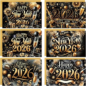 Fancy Land Happy New Year Cards 2026 New Year Greeting Cards with Envelopes Gold Holiday Notes for Party Supplies Favors 12Pcs