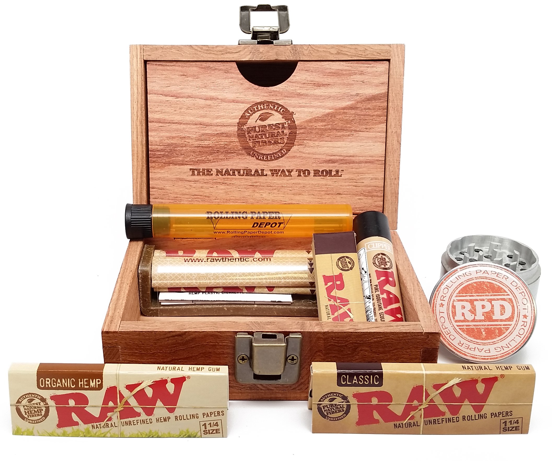 Bundle - 8 Items - Raw Wooden Box, Rolling Papers, Roller, Tips and RPD Grinder and Kewltube