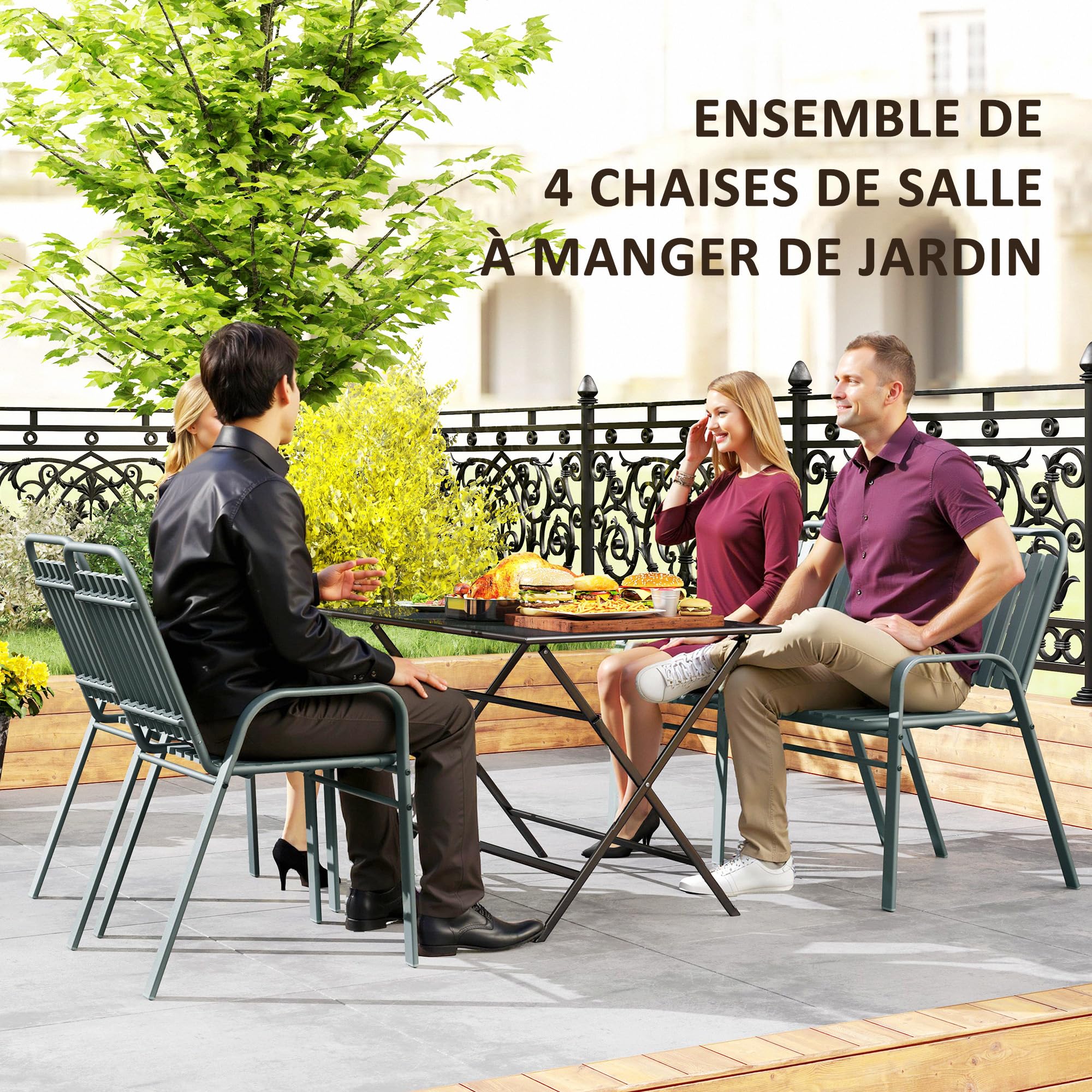 Outsunny Lot de 4 chaises de Jardin chaises empilables d'extérieur avec Haut Dossier et accoudoirs, Cadre en Acier pour Jardin, Piscine, terrasse, Gris