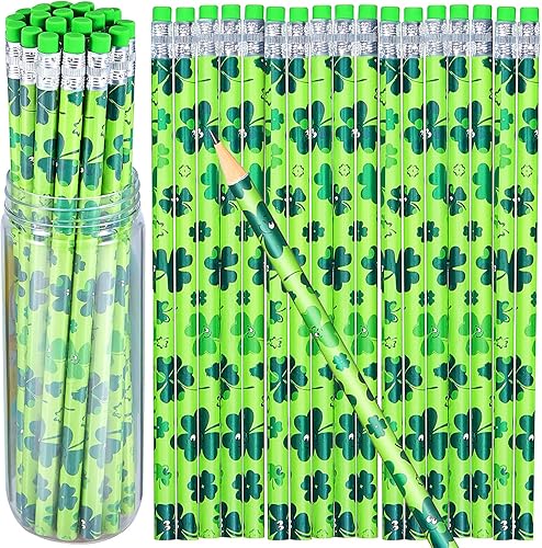 Marspark Lápices de madera de San Patricio de 75 pulgadas lápices del día de San Patricio con borradores lápices de trébol lápiz de fiesta verde