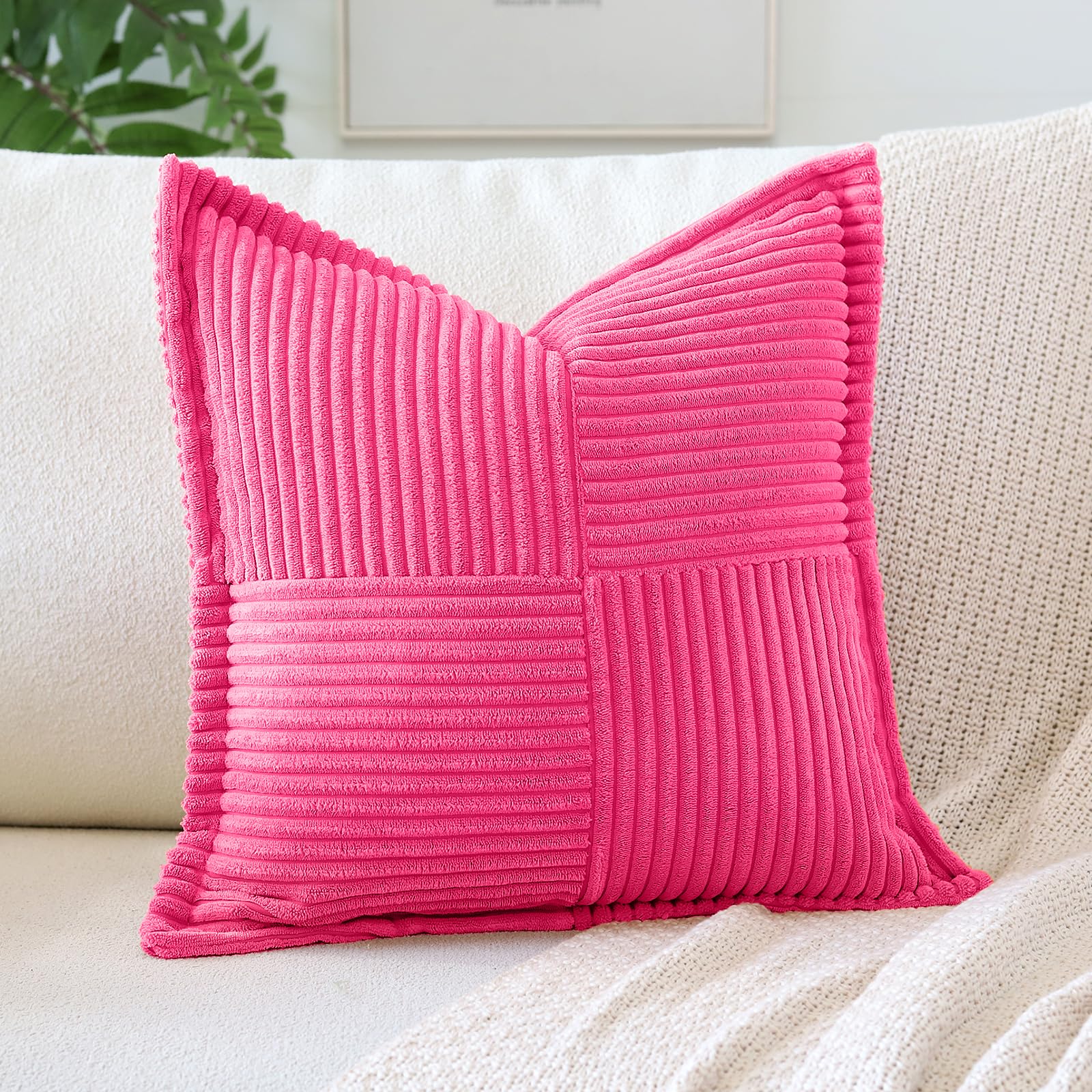 Artscope Striped Corduroy Cushion Covers with Splicing Super Soft Boho Pillow Covers Broadside Decorative Textured Throw Pillows for Couch Sofa Bed Living Room 50x50cm, Hot Pink