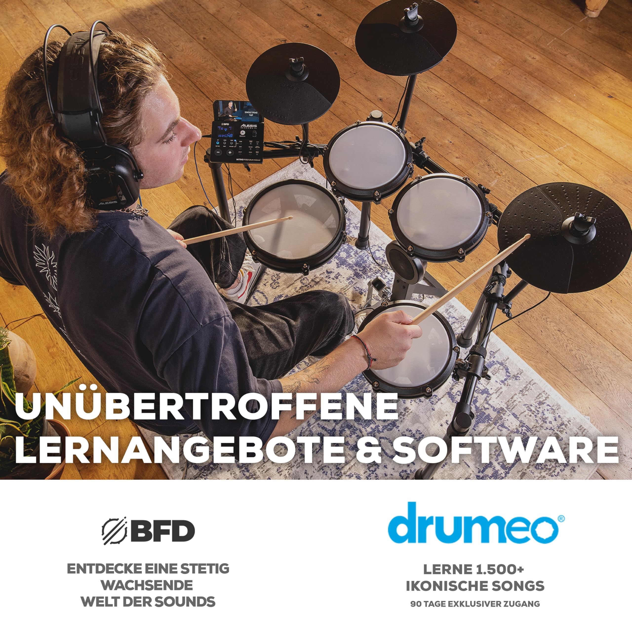 Alesis Nitro Max Kit – Kompaktes E-Drum Set mit leisen Mesh-Pads, 10" Dual-Zone Snare, Bluetooth, 440+ BFD-Sounds, Drumeo, USB MIDI, Fußmaschine