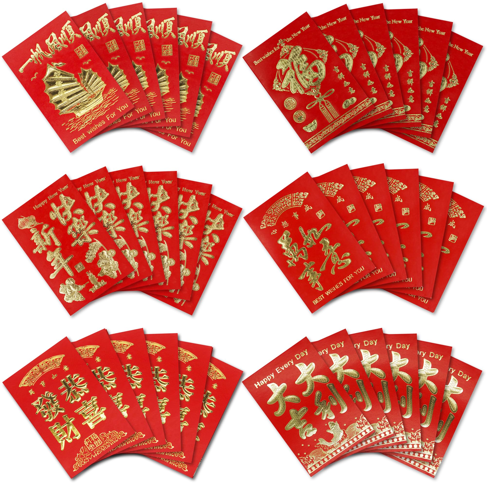 42 Chinese Lunar New Year Red Envelopes, 7 Designs, 2025 Year of The Snake - Traditional Lucky Money Pocket Hong Bao Lai See