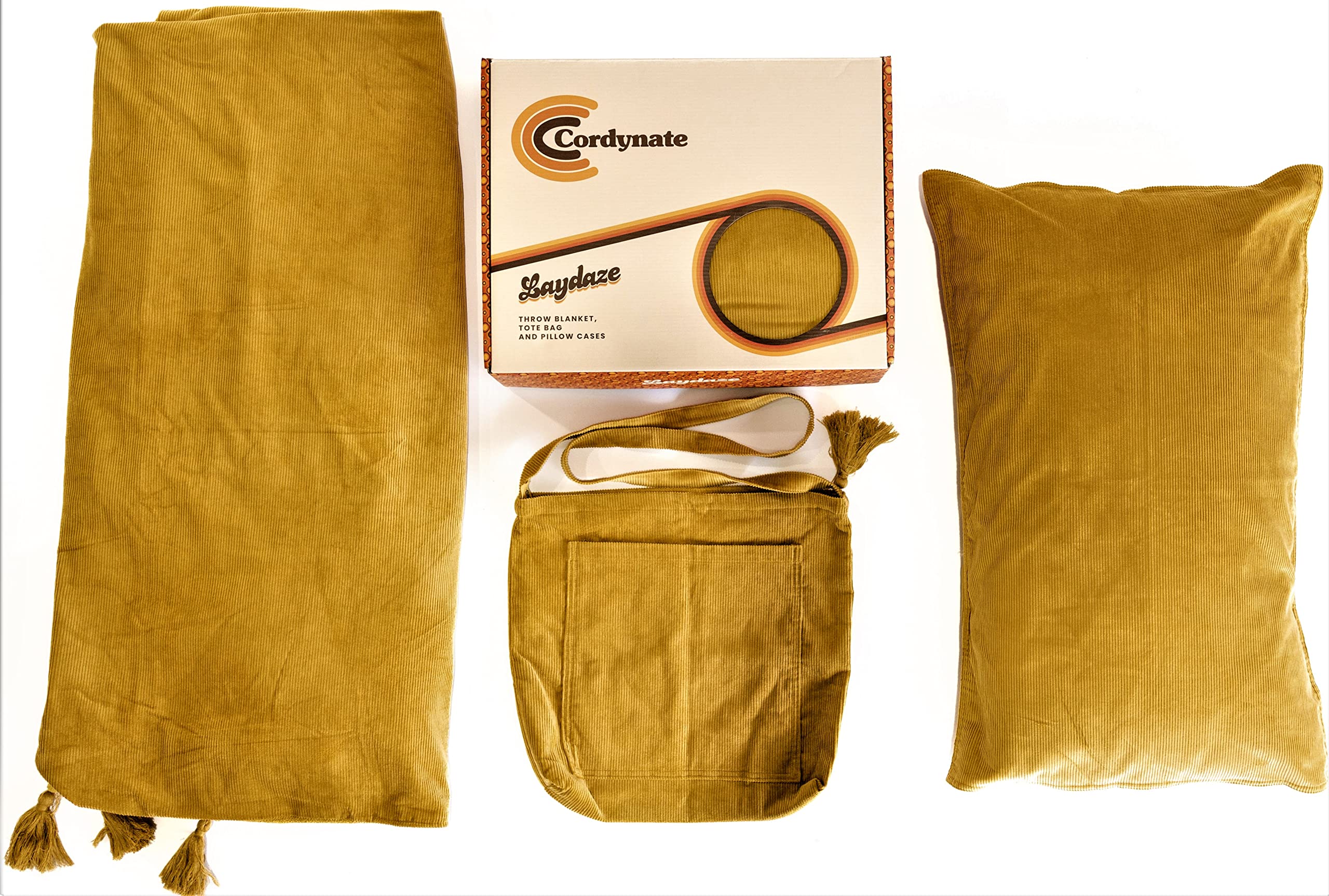 Cordynate Laydaze Throw Blanket Gift Set with 2 Pillowcases, Tote Bag, Mustard, 100% Corduroy Cotton - 250 Thread Count Soft Blanket for Bed, Couch, Picnics - Premium Blankets & Throws