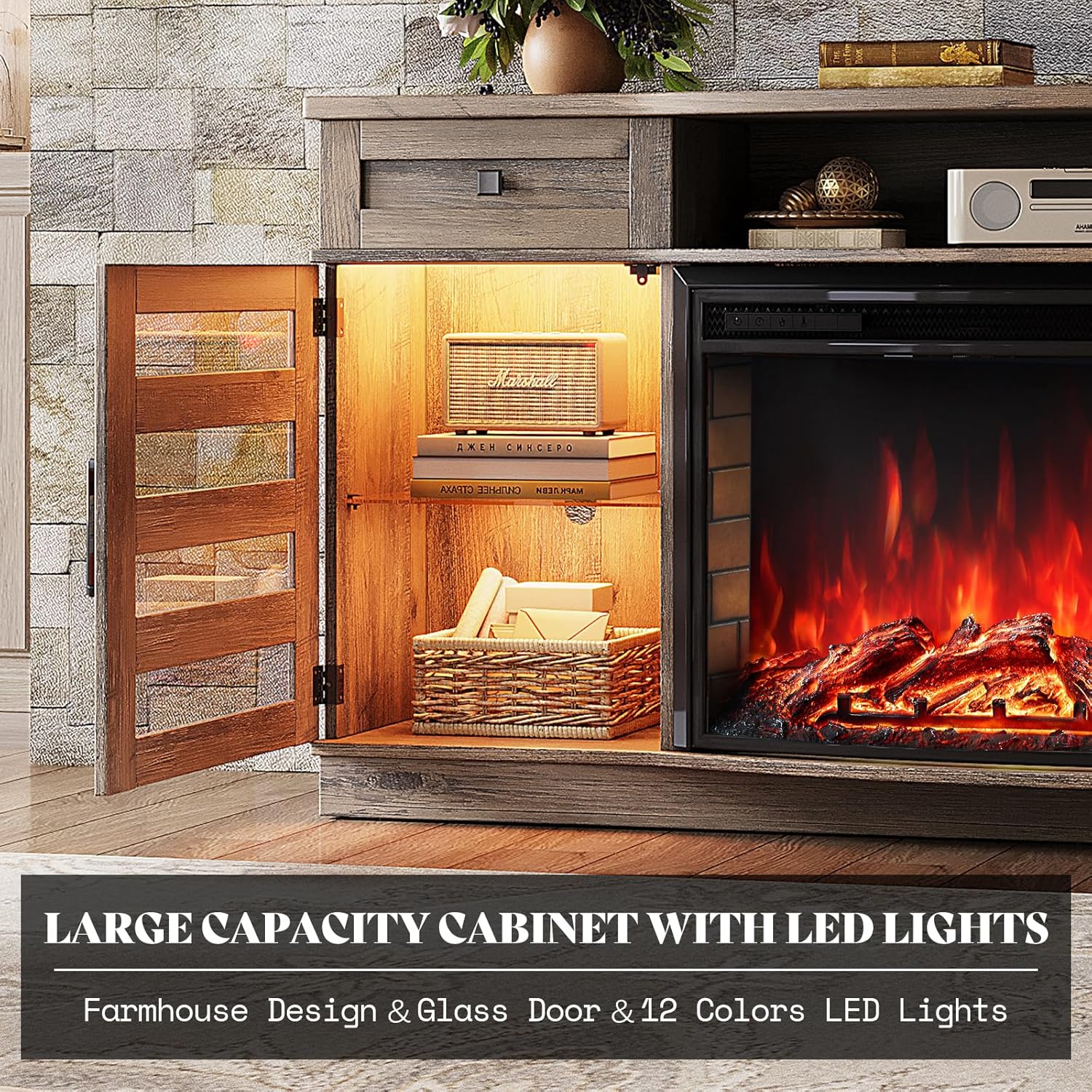 70" Farmhouse Curved Fireplace TV Stand, LED Light Entertainment Center Table with 36'' Upgrade Electric Fireplace TV Console Cabinet for TVs Up to 80", Wash Grey