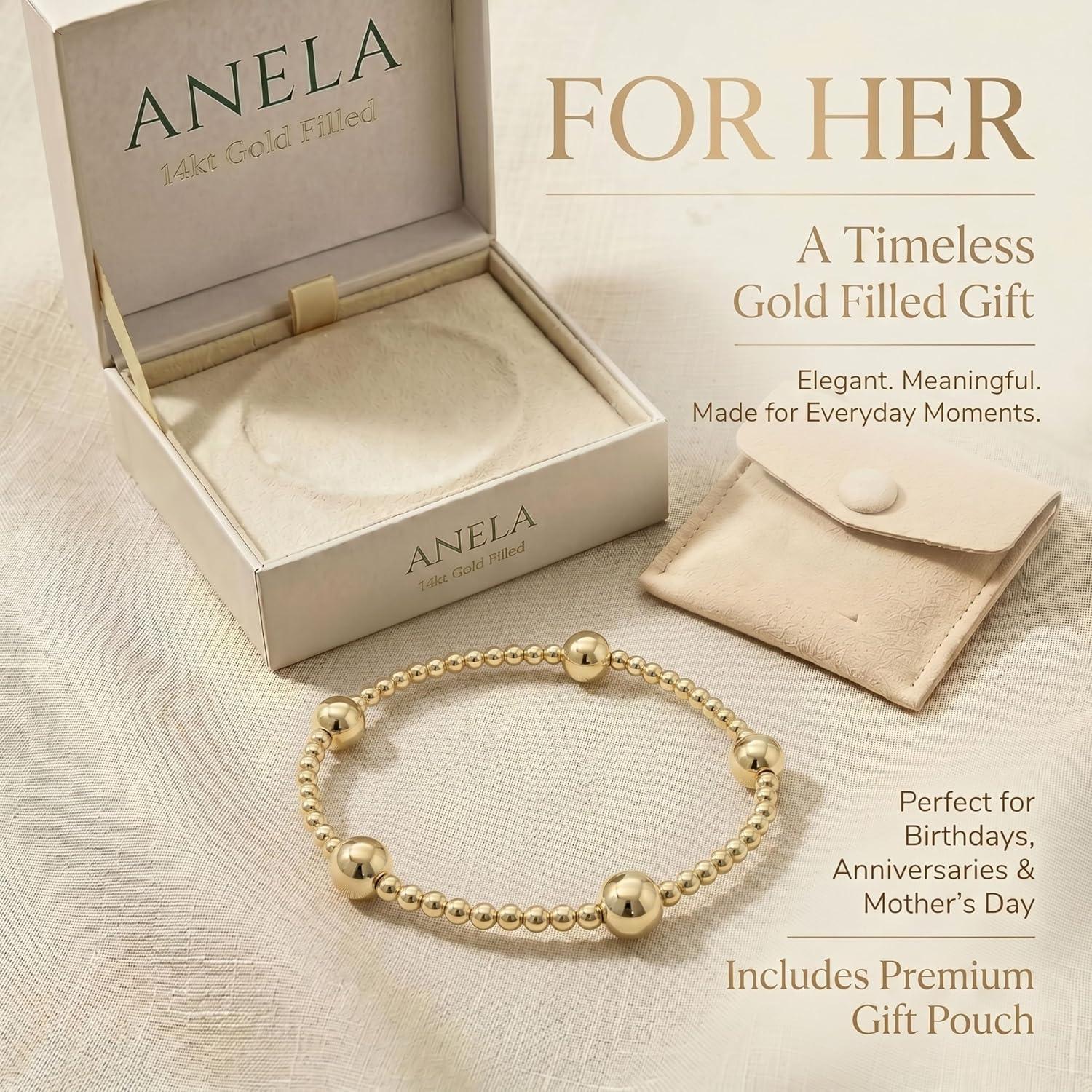 Anela 14K Gold Filled Beaded Bracelet for Women | 3mm & 7mm Mixed Bead Stretch Bracelet | Waterproof, Stackable Gold Filled Bracelet | Non Tarnish, Dainty Gold Bracelet Gift for Women, Handmade in USA