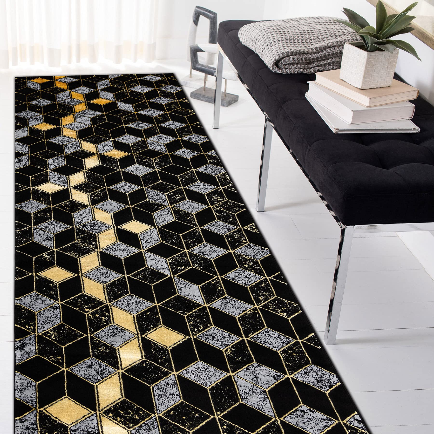 Tapis de course art deco noir or 60x300 cm pour sublimer votre chambre
