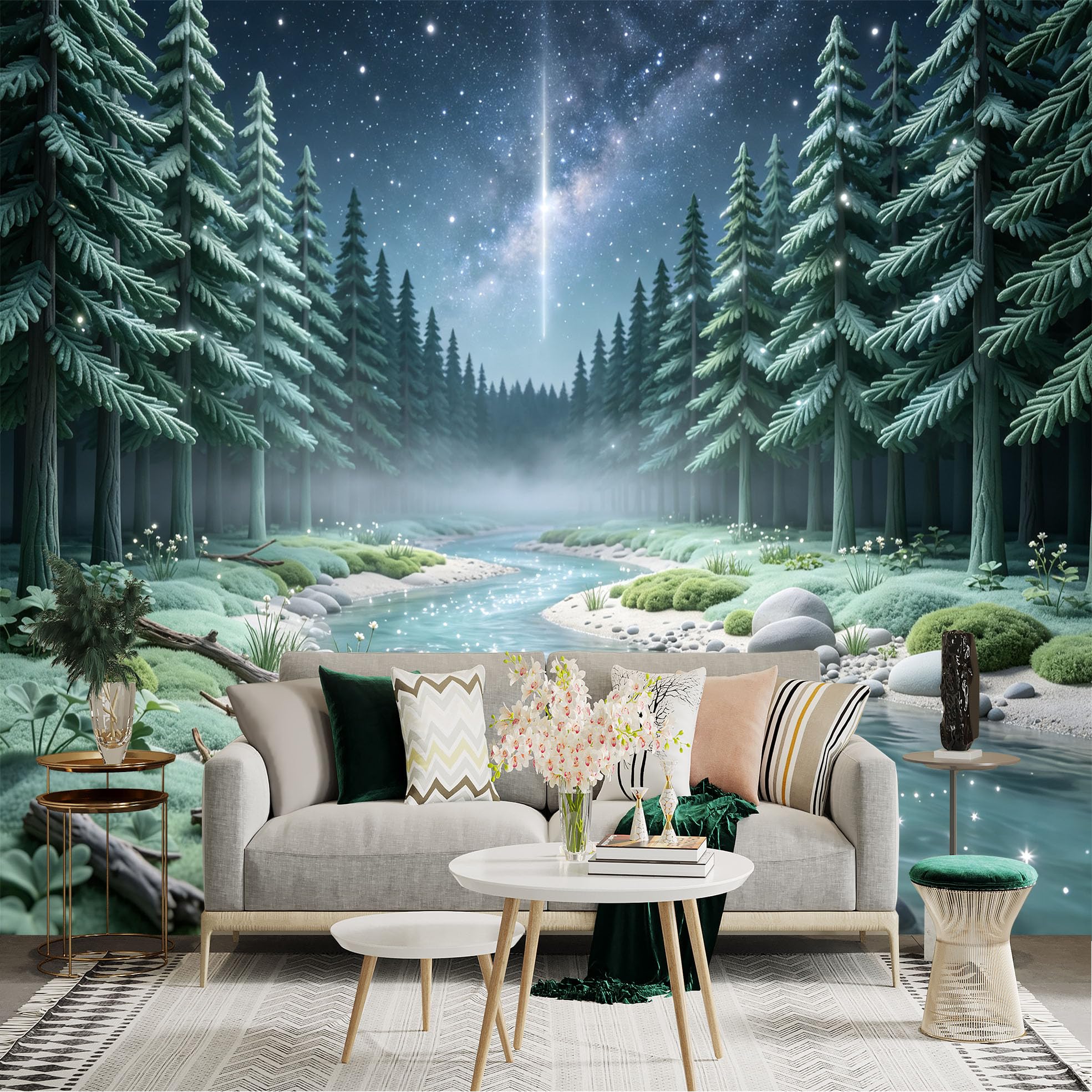 Lnzczhyre Bh260719215 Custom Size Wall Sticker Mural， Enchanted Forest Stream， Glowing Milky Way， Night Woodland Landscape， Peaceful River， For Wall Decoration， Peelandstick Wall Decals.