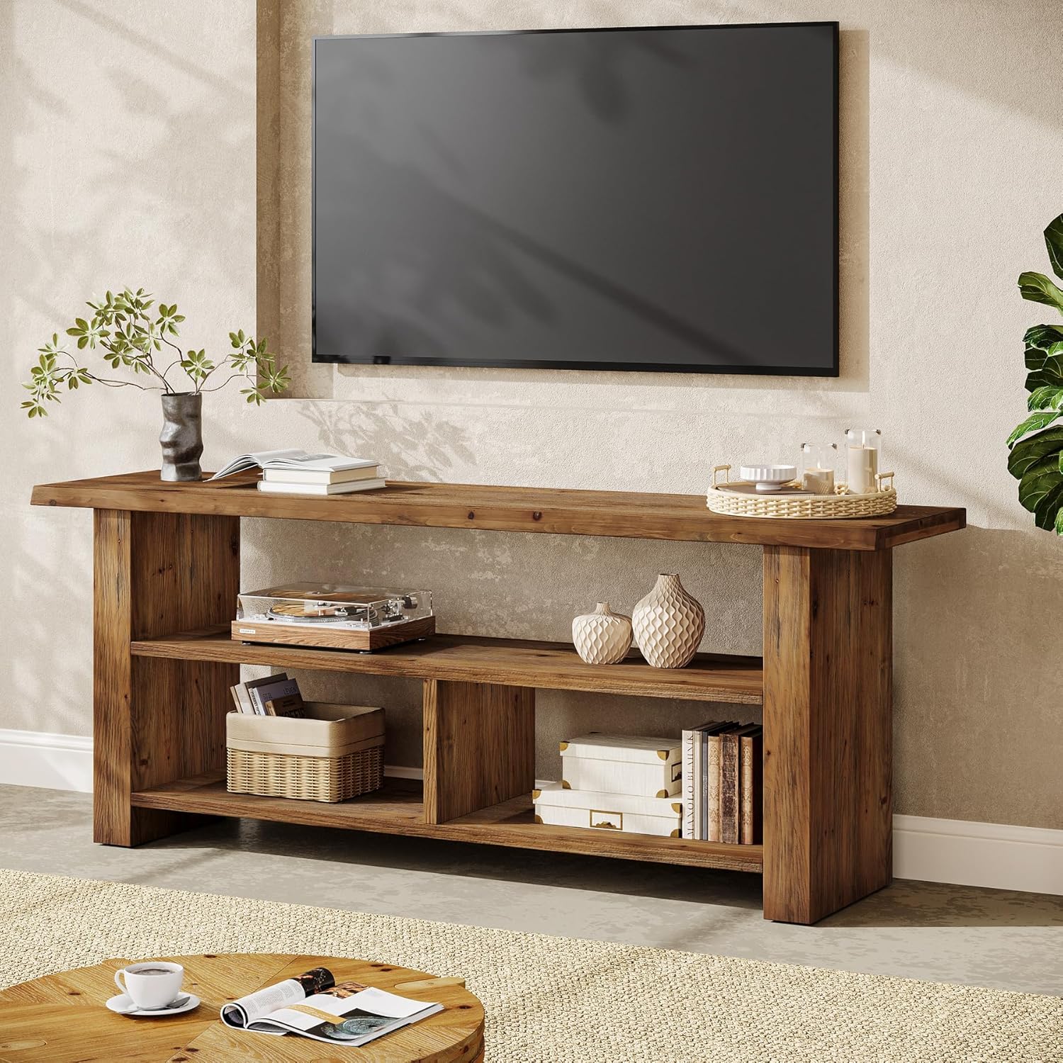 Solid Wood TV Stand for TVs up to 75 Inch, Farmhouse Wooden Entertainment Center with Open Storage Shelf, 63" Low Media Console Television Stands for Living Room, Bedroom, Rustic Brown
