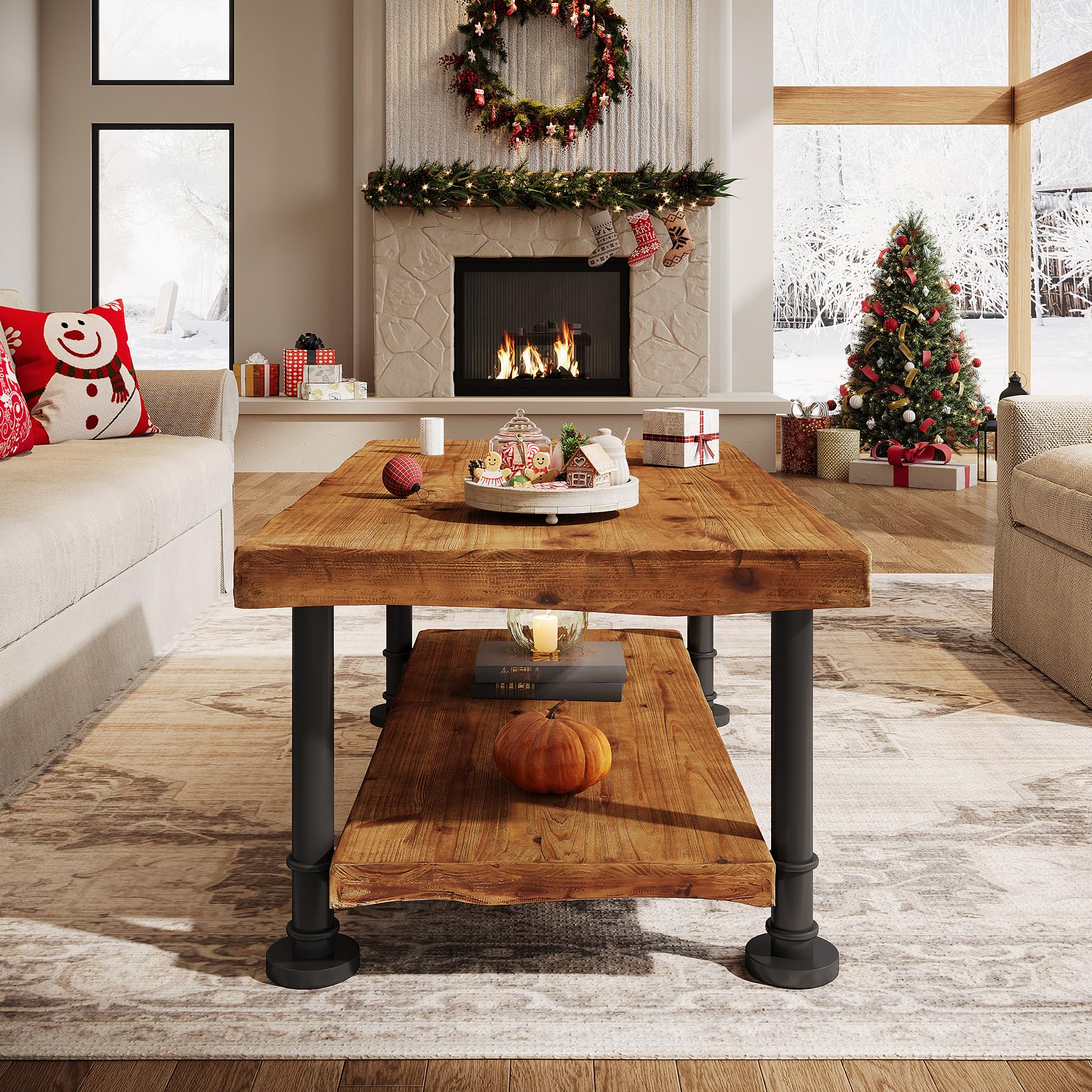 Tribesigns Meseta de Centro Estilo Granja, Mesa de café de Madera con Almacenamiento, Estante de 2 Niveles con Borde Vivo, Patas de Metal, Mesa Central Rectangular de 47" para Sala de Estar, salón