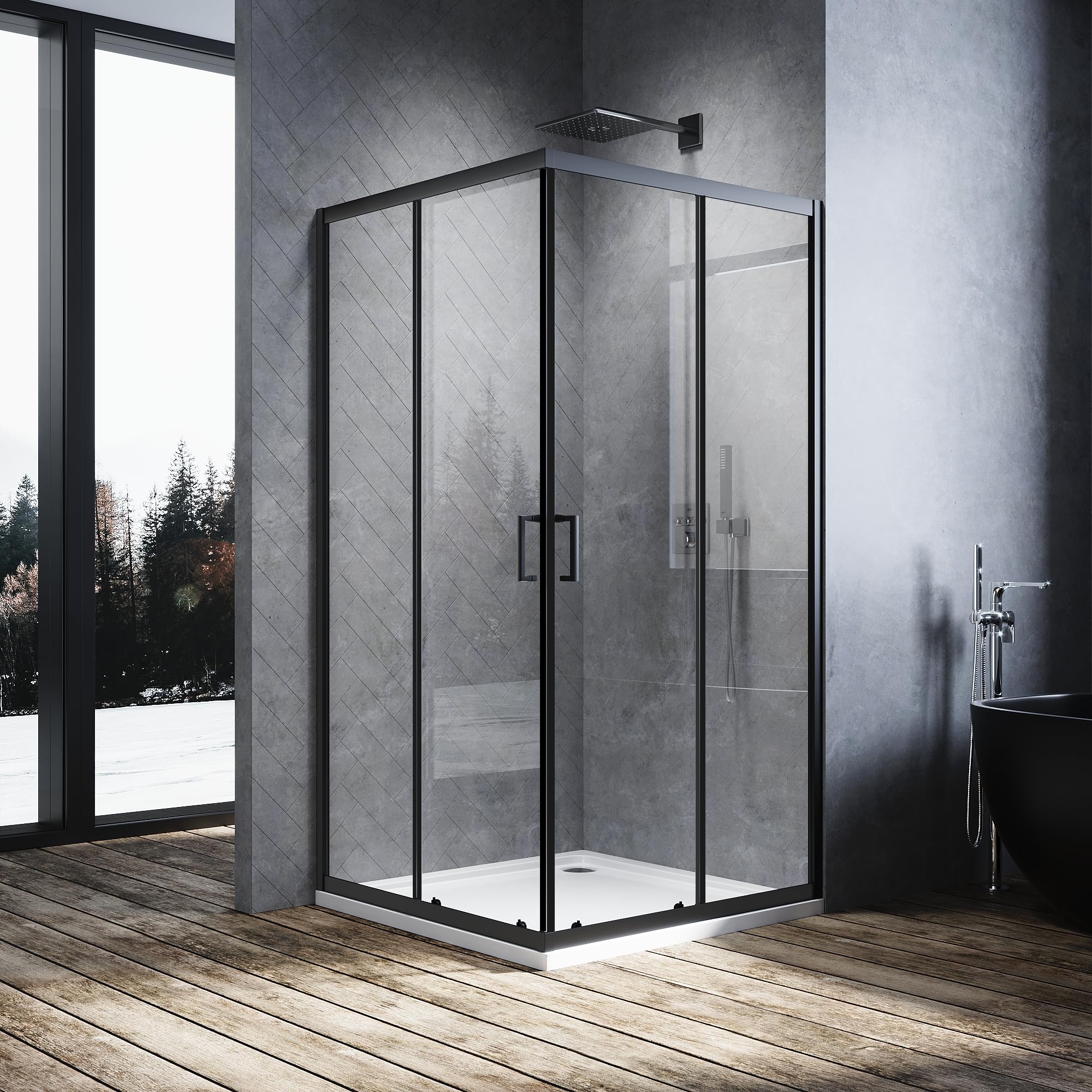Cabina de ducha esquinera 80 x 100 cm, puerta corredera, cabina de ducha completa con puerta corredera de cristal de seguridad de 5 mm (ESG), altura: 195 cm, marco negro