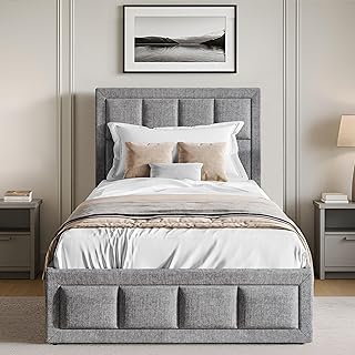 Blisswood Single Bed Frame, 3ft Upholstered Ottoman Bed, UKFR Linen Fabric Ottoman Storage Bed With Gas Lift End Opening Wooden Slats With Storage (3ft Single, 100 x 204 cm, No Mattress)