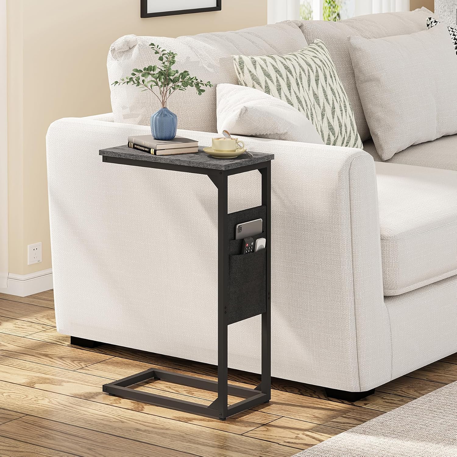 TUTOTAK C Shaped End Table, Side Table for Couch, Sofa Table with Storage Bag, TV Tray for Living Room, Bedroom, Charcoal Grey TB01BY082