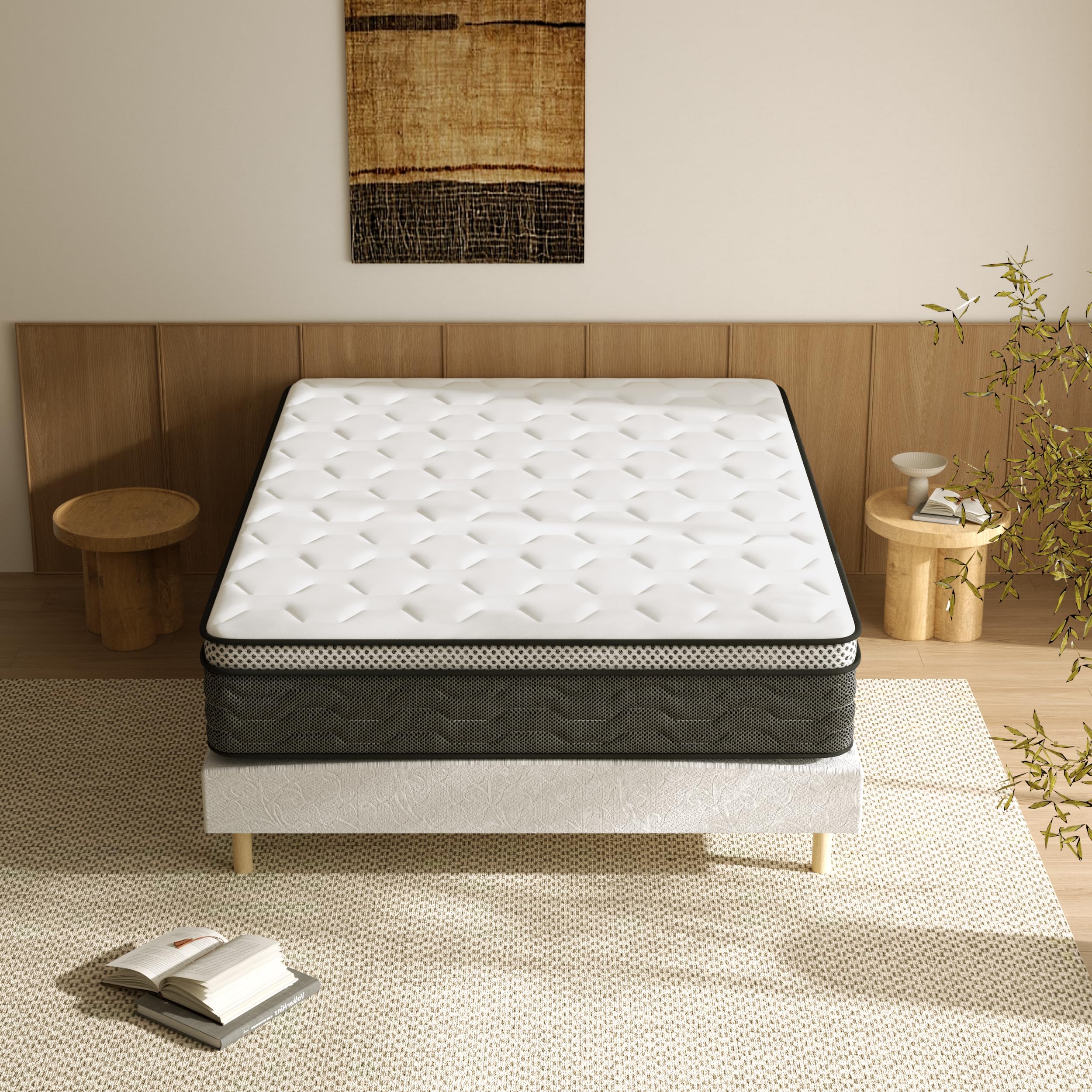DEWINNER Ensemble Matelas et Sommier 160x200, Lit 160 x 200 avec Sommier tapissier et Matelas Ressorts Ensachés 160x200x25,9 Pieds Inclus (Pack Matela+Sommier tapissier)