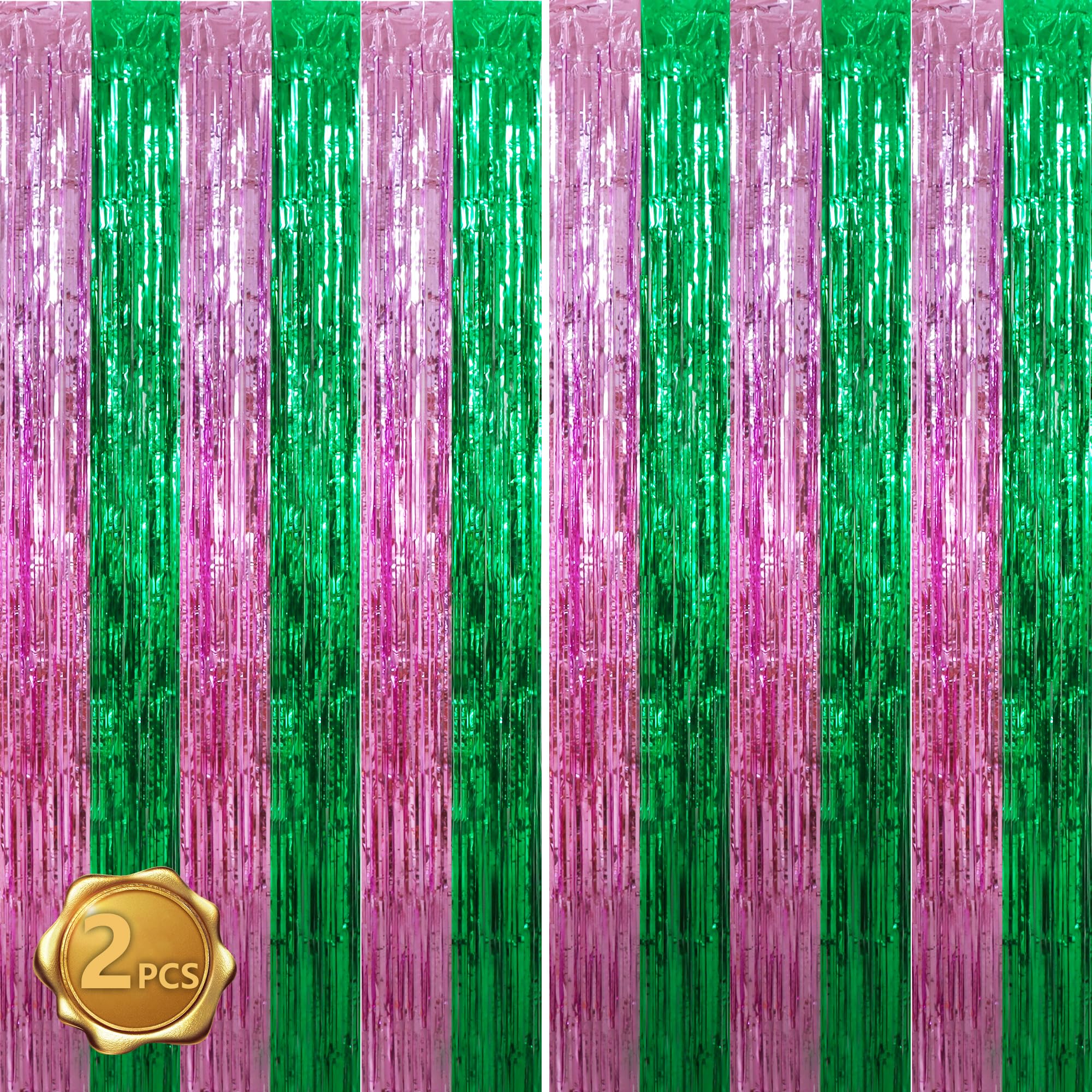 BEISHIDA Pink Green Door Streamers Backdrop Foil Fringe Tinsel Party Streamers Curtains Photo Backdrop for Birthday Graduation Wicked Party Decoations