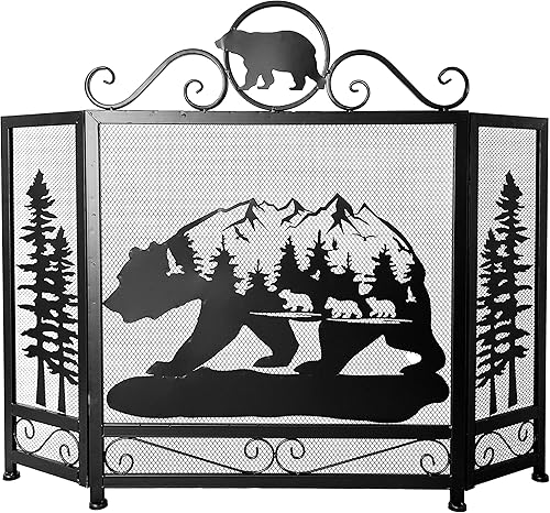 Bear Mountain Scenic Forest - Pantalla decorativa de 3 paneles de metal negro pesado para chimenea