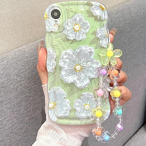 Miniatura 28 de para iPhone 13 Mini Funda rizada ondulada, linda funda protectora de pintura al óleo retro colorida con patrón de flores brillantes [con cadena de