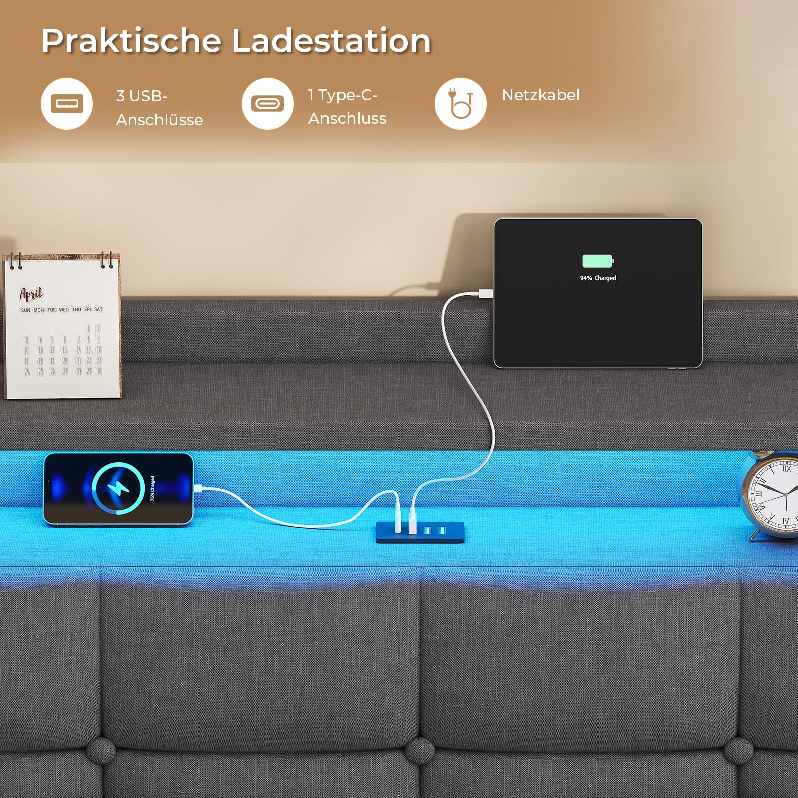 AOGLLATI Polsterbett 140x200 cm, Doppelbettgestell, Bettrahmen mit LED-Beleuchtung und Ladestation, Bettgestell mit Kopfteil, Bett Schwebebettrahmen, Metallbett, Leinen, Dunkelgrau (ohne Matratze)