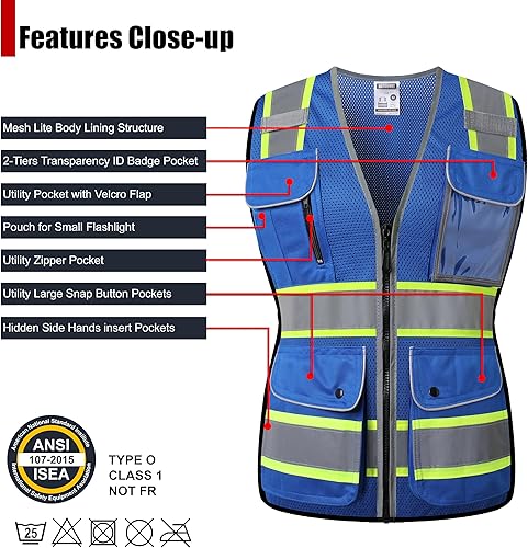 Vista 23 de Chaleco de seguridad reflectante para mujer, chaleco de malla de alta visibilidad con 8 bolsillos y cremallera frontal, chaleco de alta visibilidad
