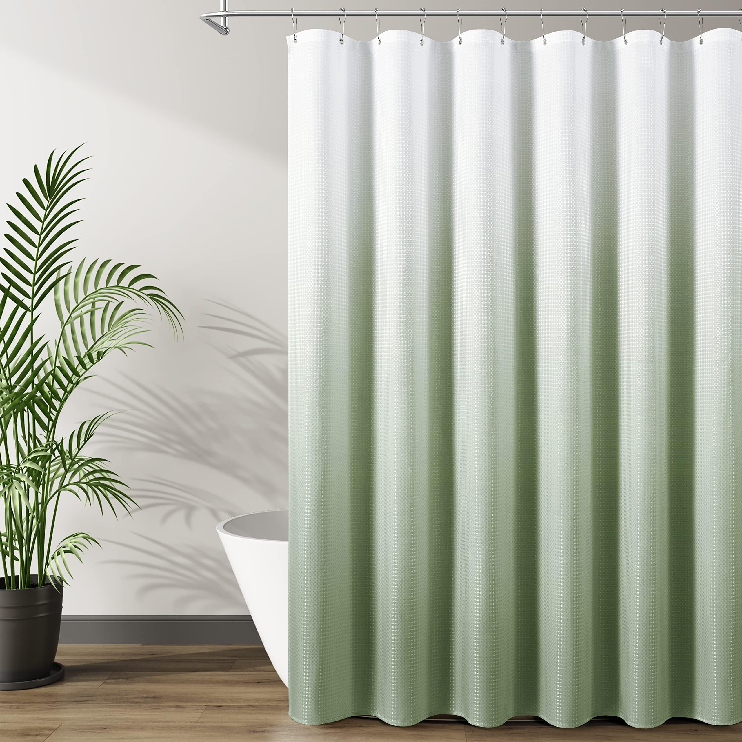 Sage Green Textured Fabric Shower Curtain Set, Polyester Ombre Curtains for Bathroom, Water Repellent Shower Curtain with 12 Hooks,Machine Washable (