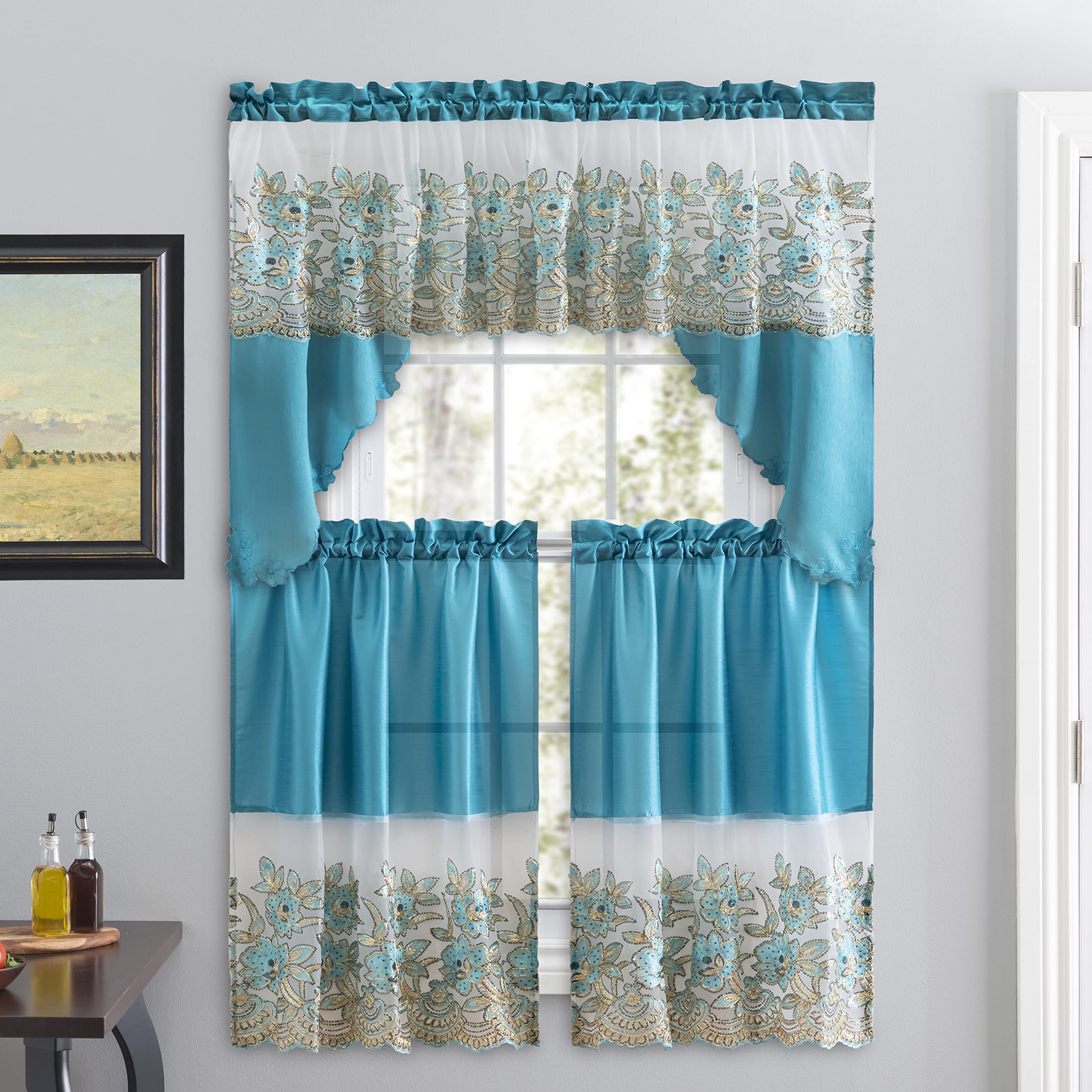 American Linen 3-Piece Sequin Embroidered Café Curtain Set