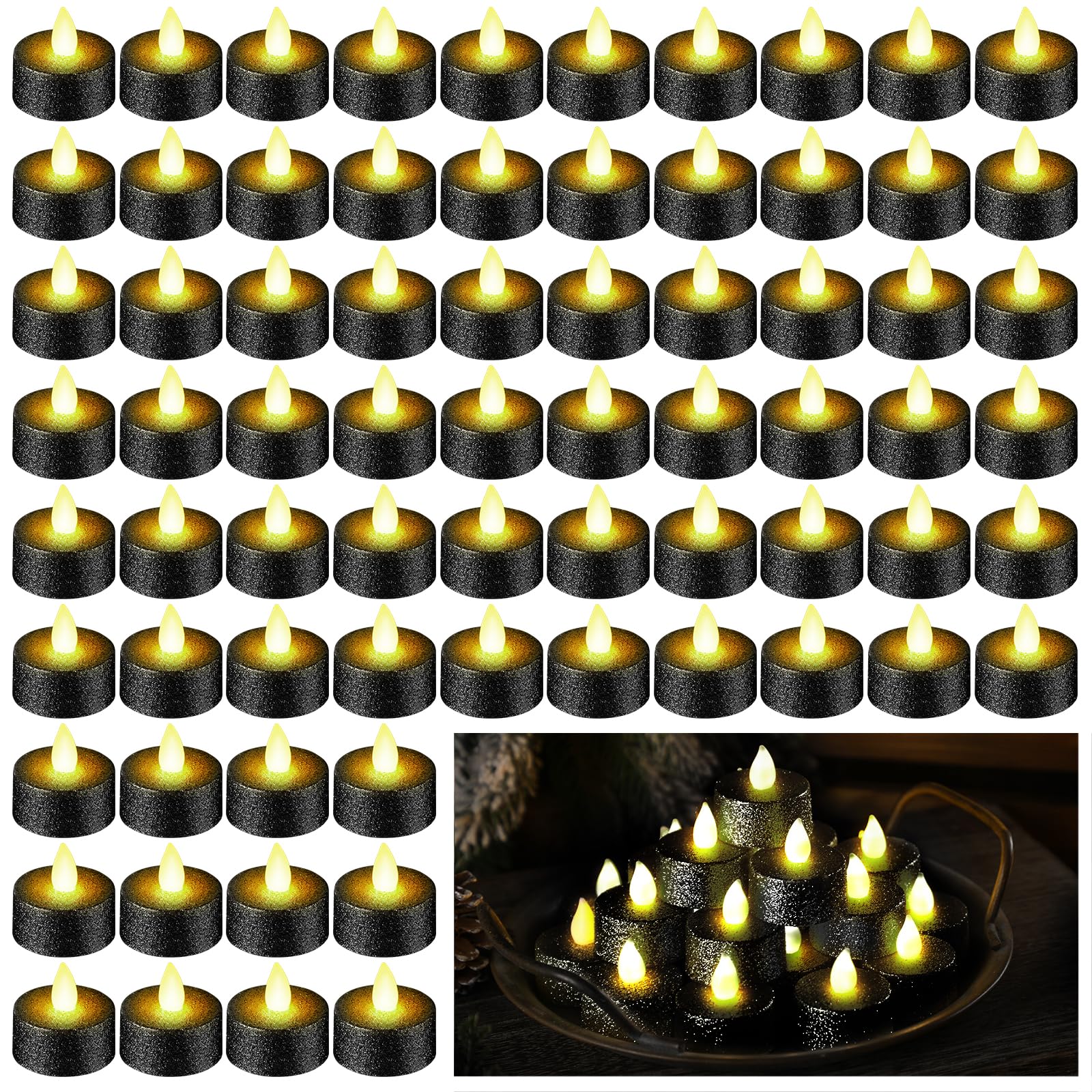 72 Pcs Votive Tealights Candle Glitter Flameless Tea Lights Battery Operated Flickering Light LED Tea Light Candle Decor for Wedding Table Centerpieces Decorations Anniversary(Black)