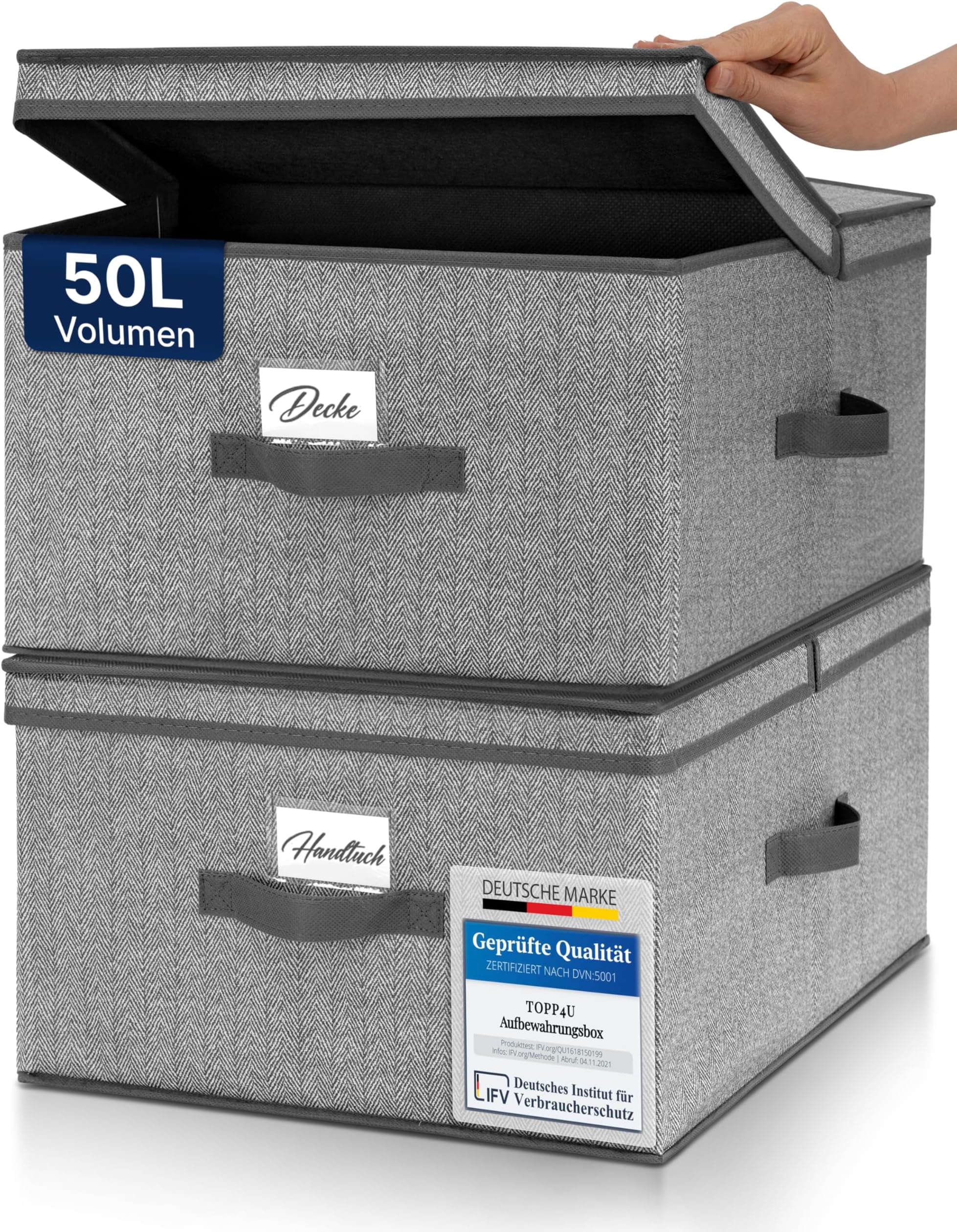 TOPP4u Large Storage Box with Lid, 2 x - 40 x 50 x 25 cm - 50 L - Extra Large Folding Box for Wardrobe & Shelf - Foldable Organiser Box - Grey/Beige - Set of 2