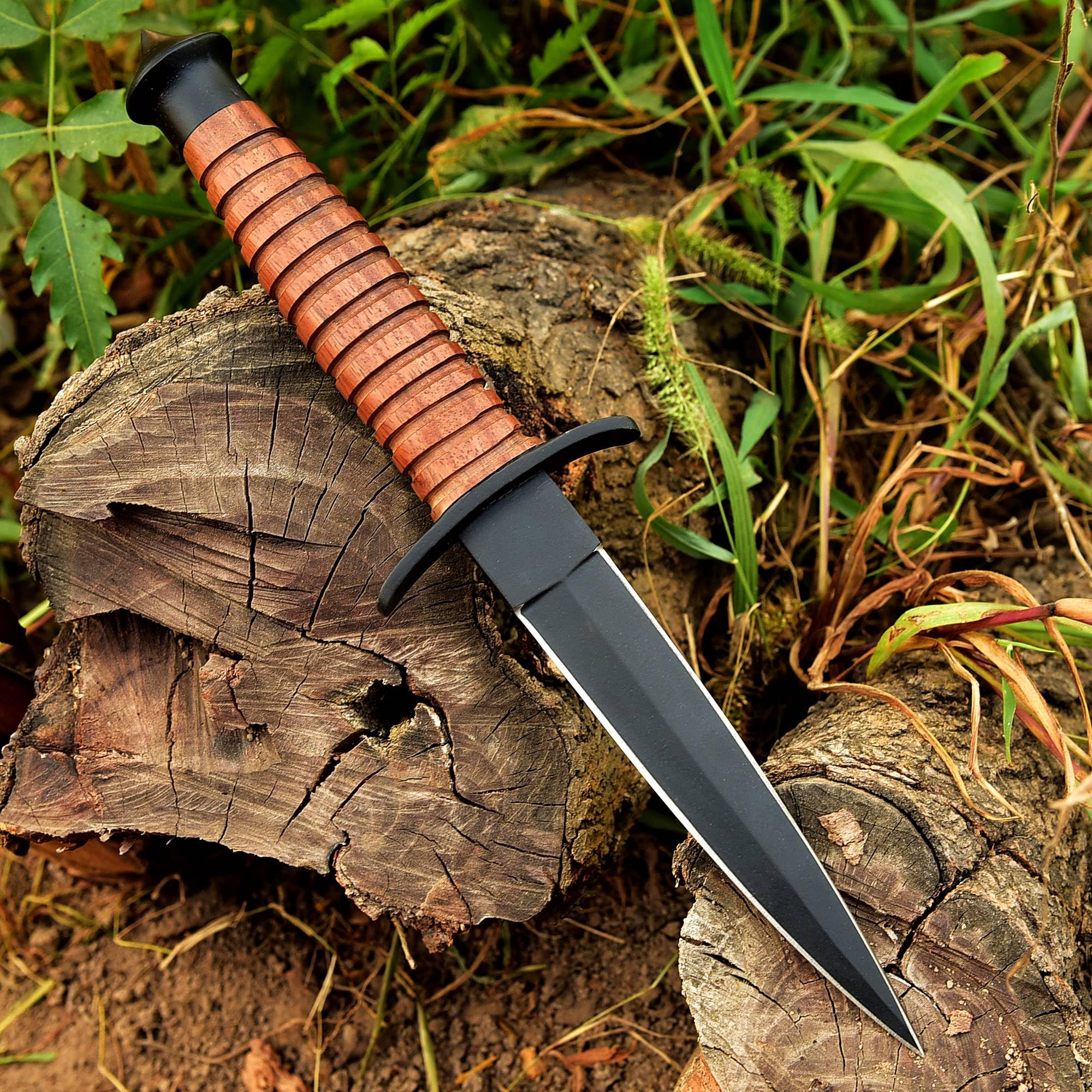 Sykes Fairbairn US Army Double-Edged V42 Military Best Dagger Knife WWII Collectible knives With Leather Sheath (Brown Wood)